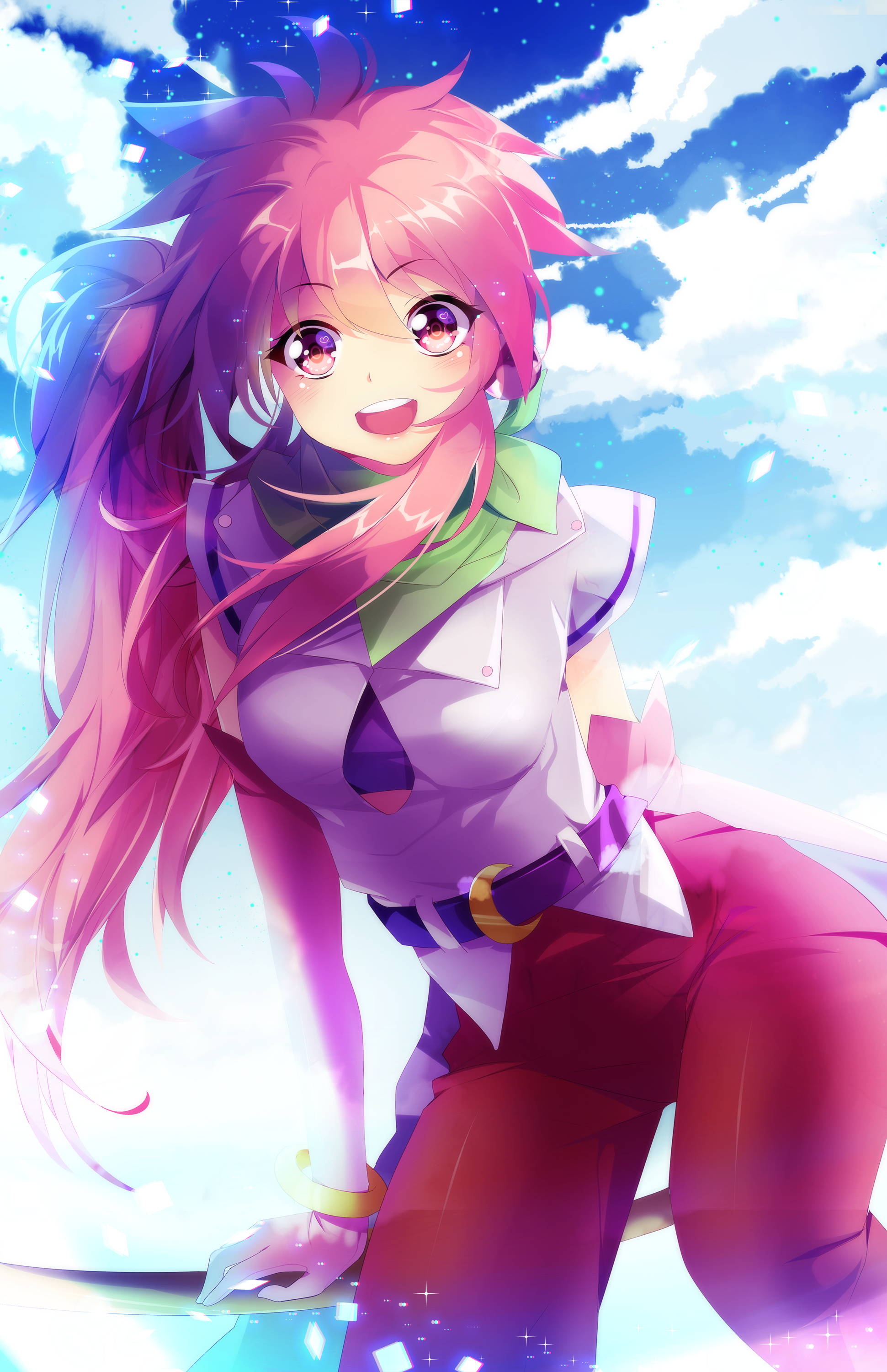 Anime girl with pink hair and pink eyes in the sky HD Wallpaper