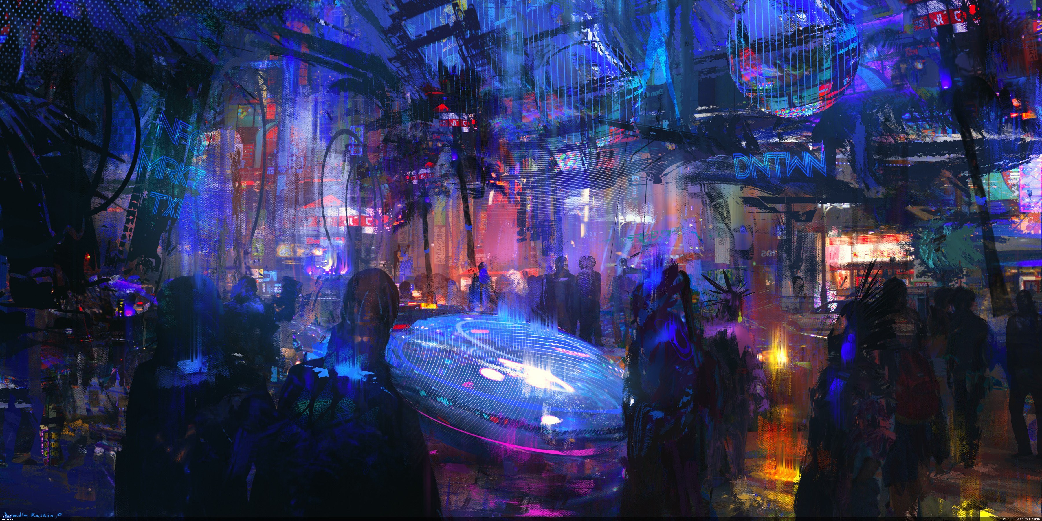 Cyberpunk city street with people and neon lights HD Wallpaper
