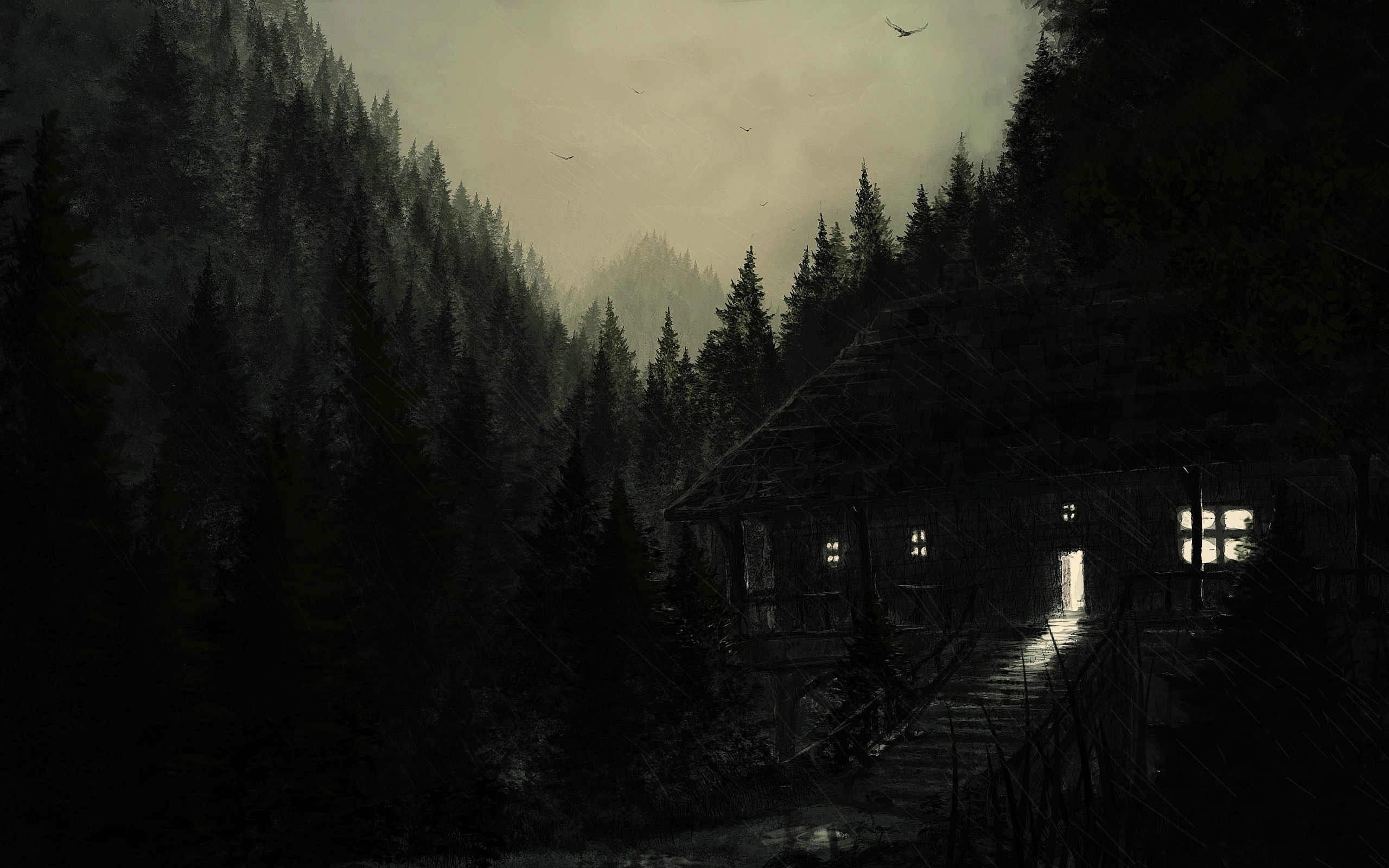 Dark forest with a cabin and birds HD Wallpaper