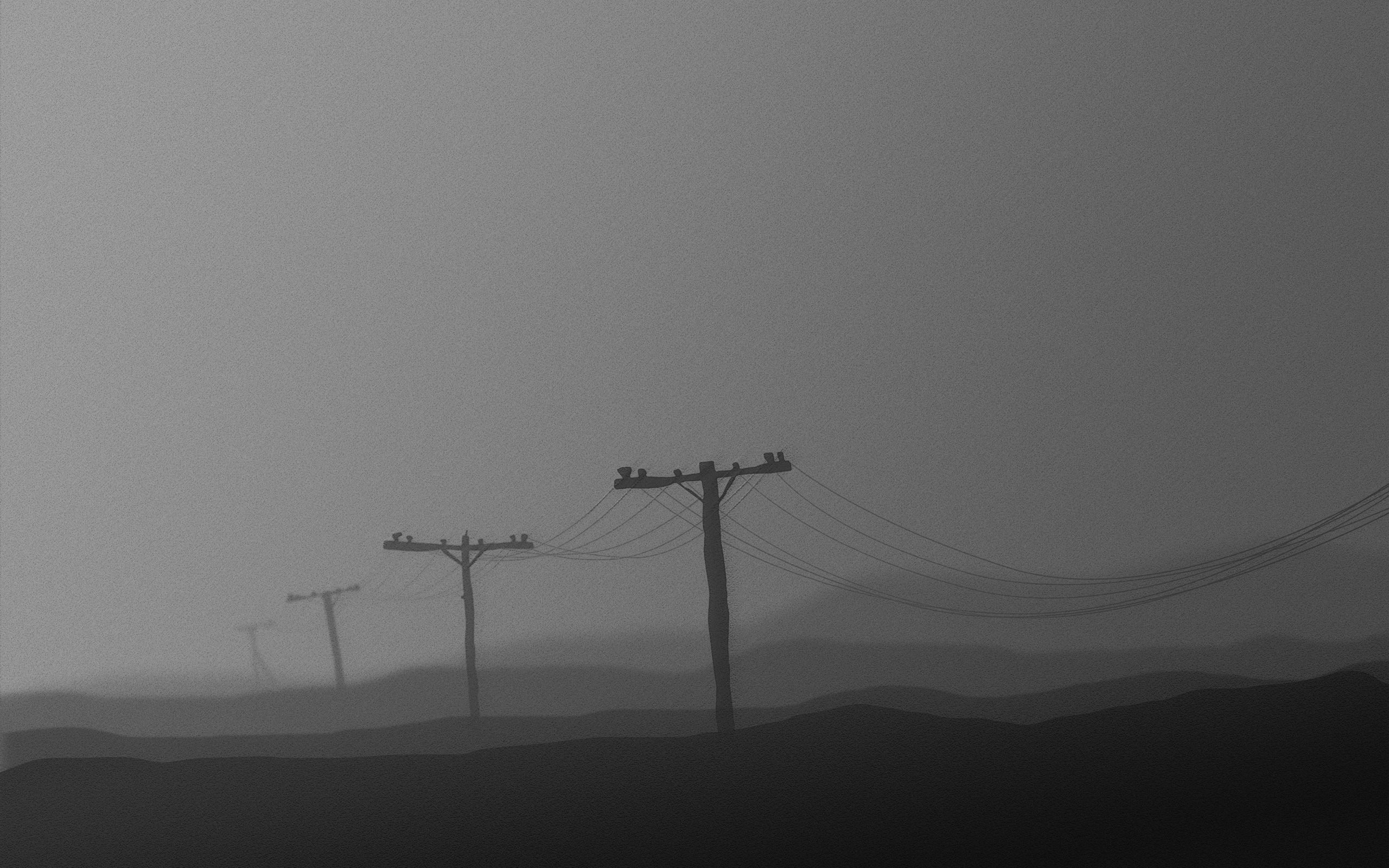 Minimalist foggy landscape with telephone poles HD Wallpaper
