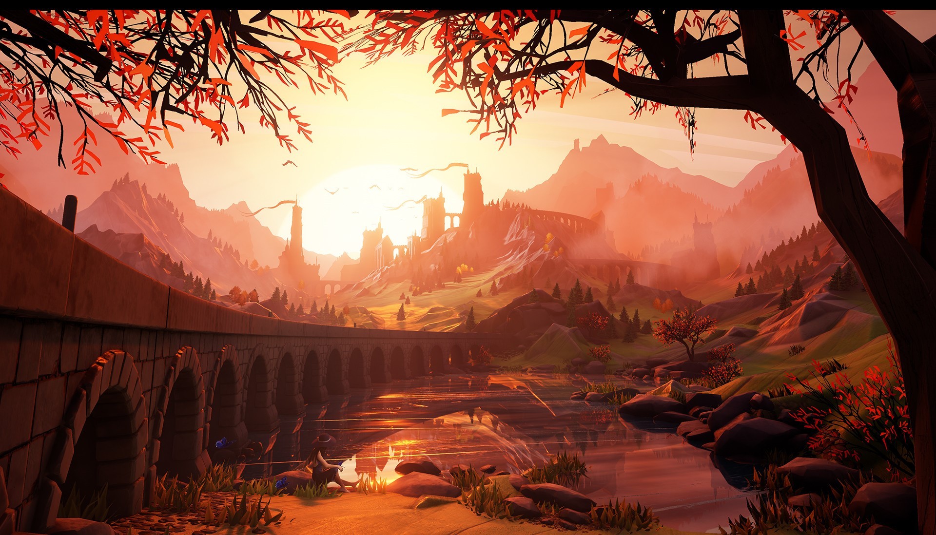 Fantasy castle landscape at sunset with bridge and river HD Wallpaper