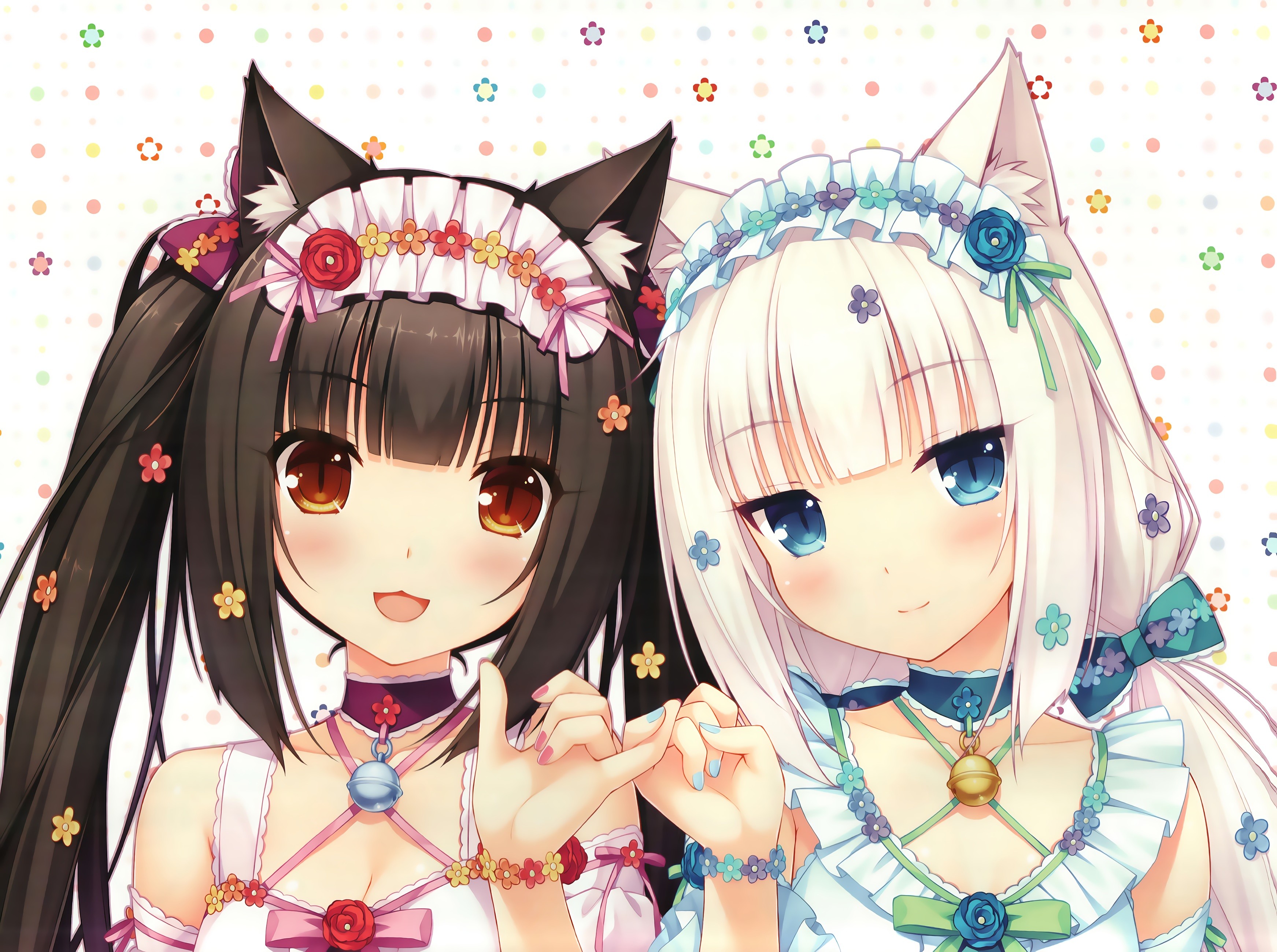 headdress, anime, animal ears, open shirt, white hair, choker, Vanilla (Neko Para), Neko Para, flowers, brunette, Chocolat (Neko Para), anime girls, brown eyes, blue eyes, bell HD Wallpaper