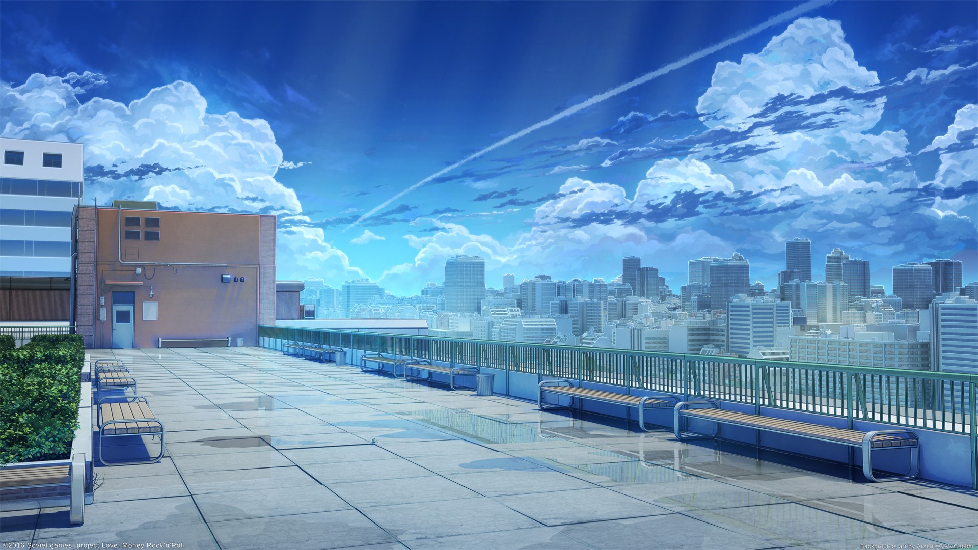 Rooftop overlooking a city skyline with clouds HD Wallpaper
