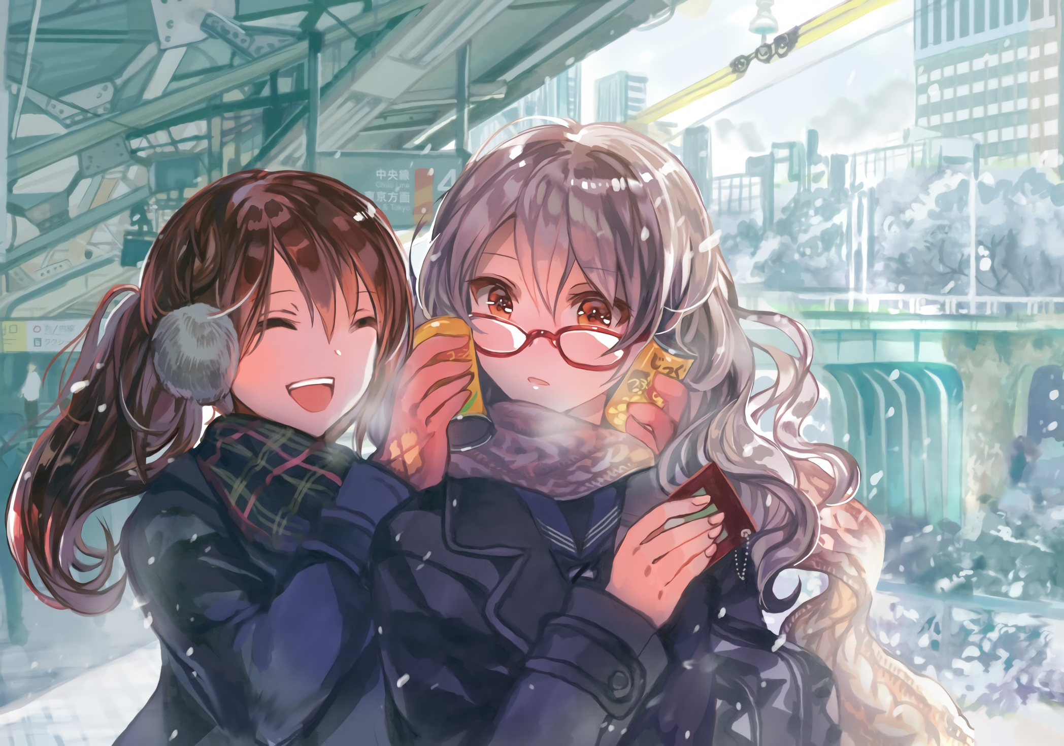Two anime girls in winter with drinks HD Wallpaper