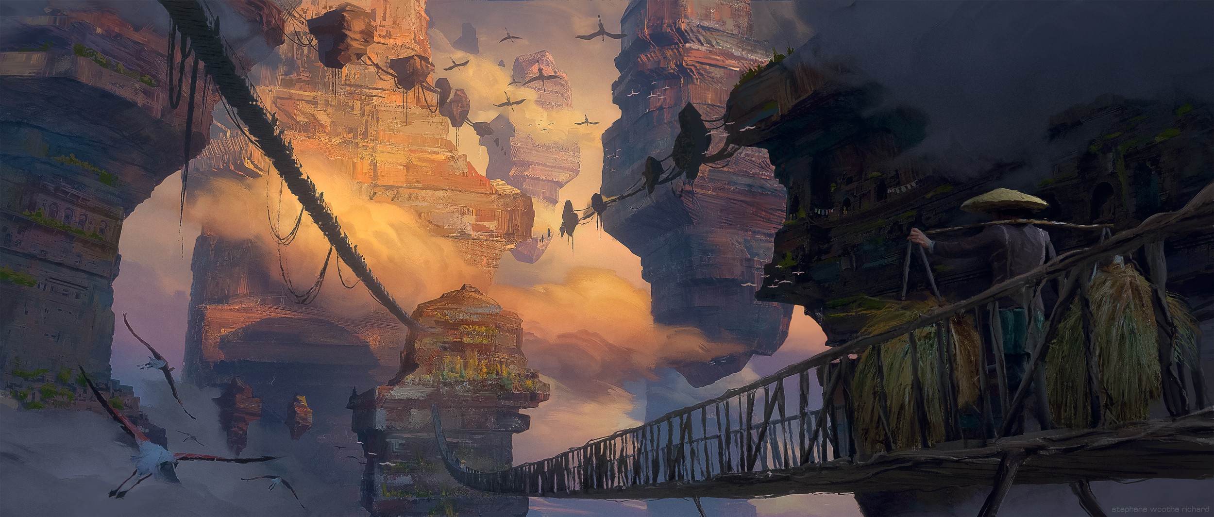 Fantasy floating islands with bridges and flying creatures HD Wallpaper