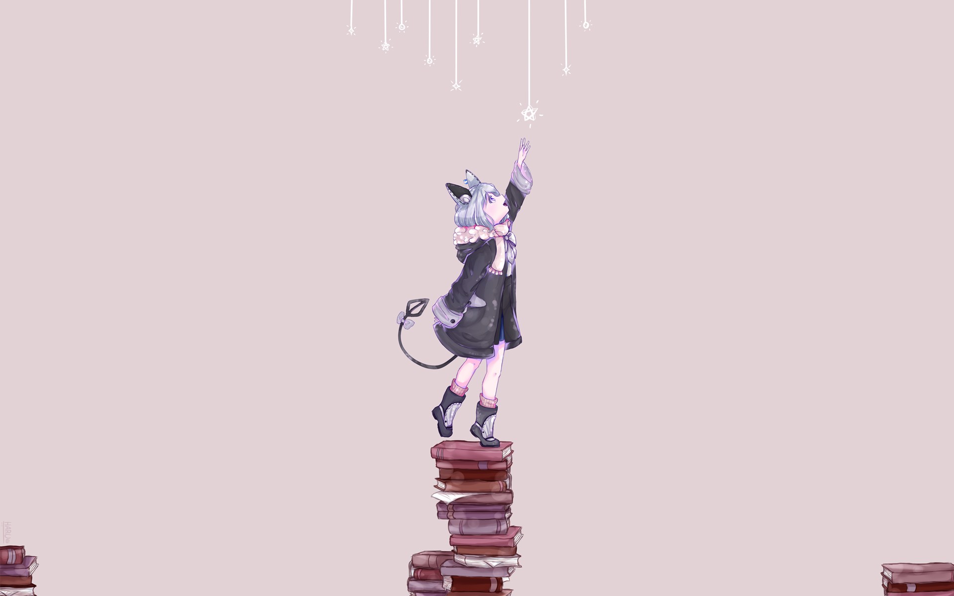 Anime girl with cat ears reaching for stars from books HD Wallpaper