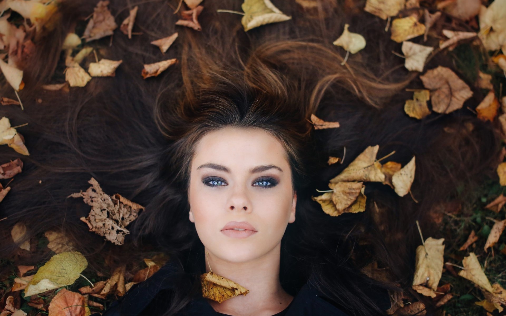 Woman with blue eyes lying in autumn leaves HD Wallpaper
