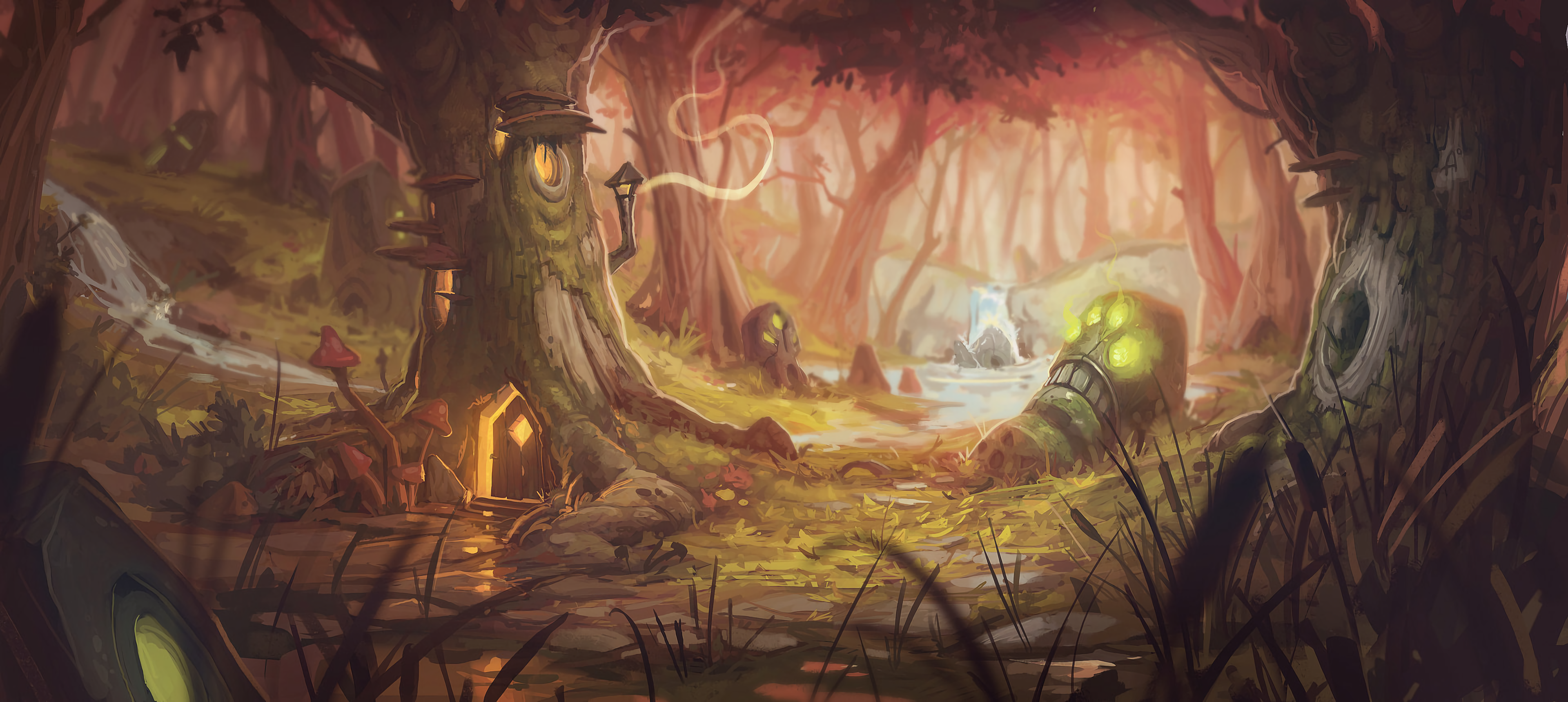 Enchanted forest with a magical house and stream HD Wallpaper