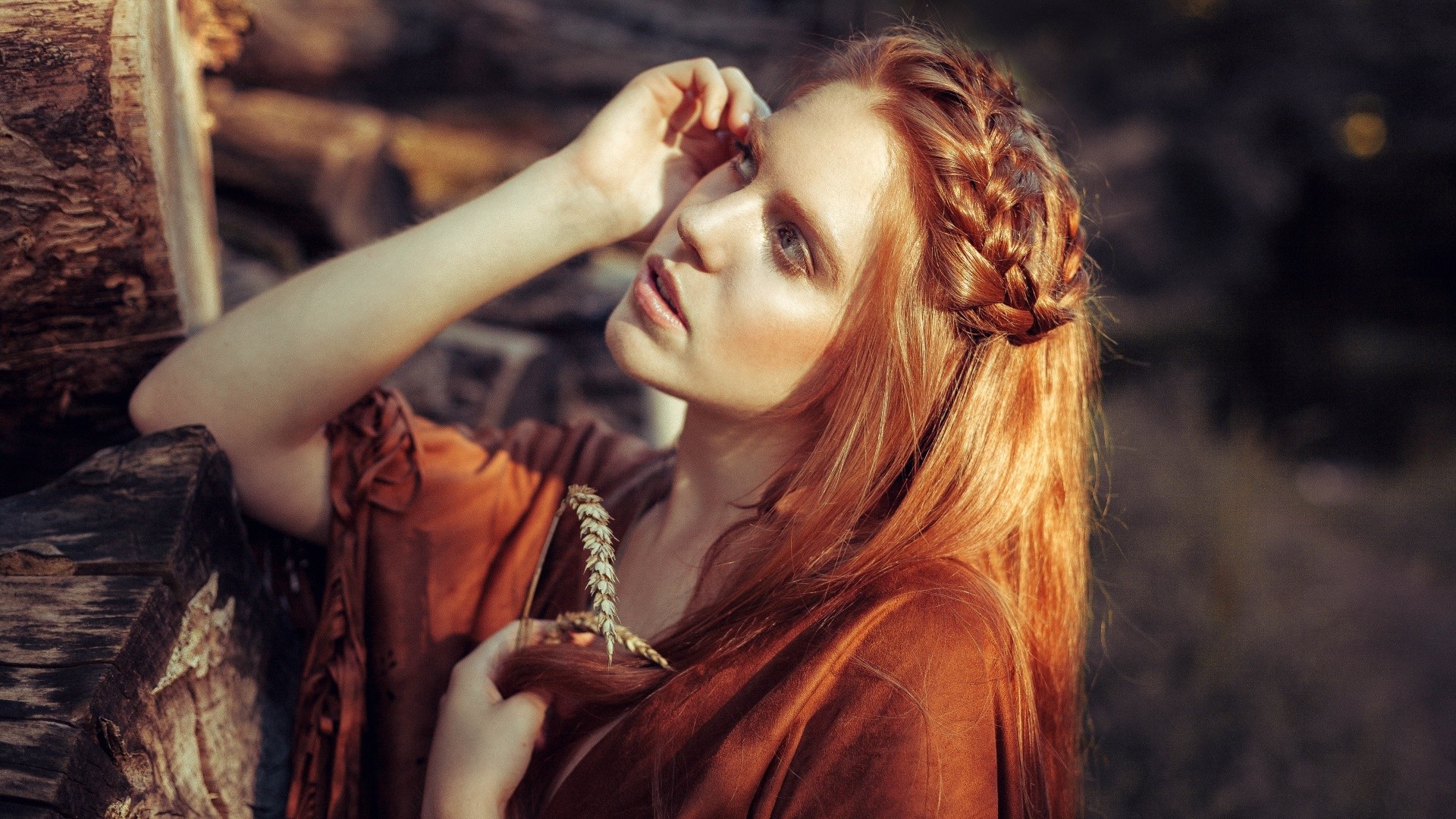 Woman with red hair and wheat stalk HD Wallpaper