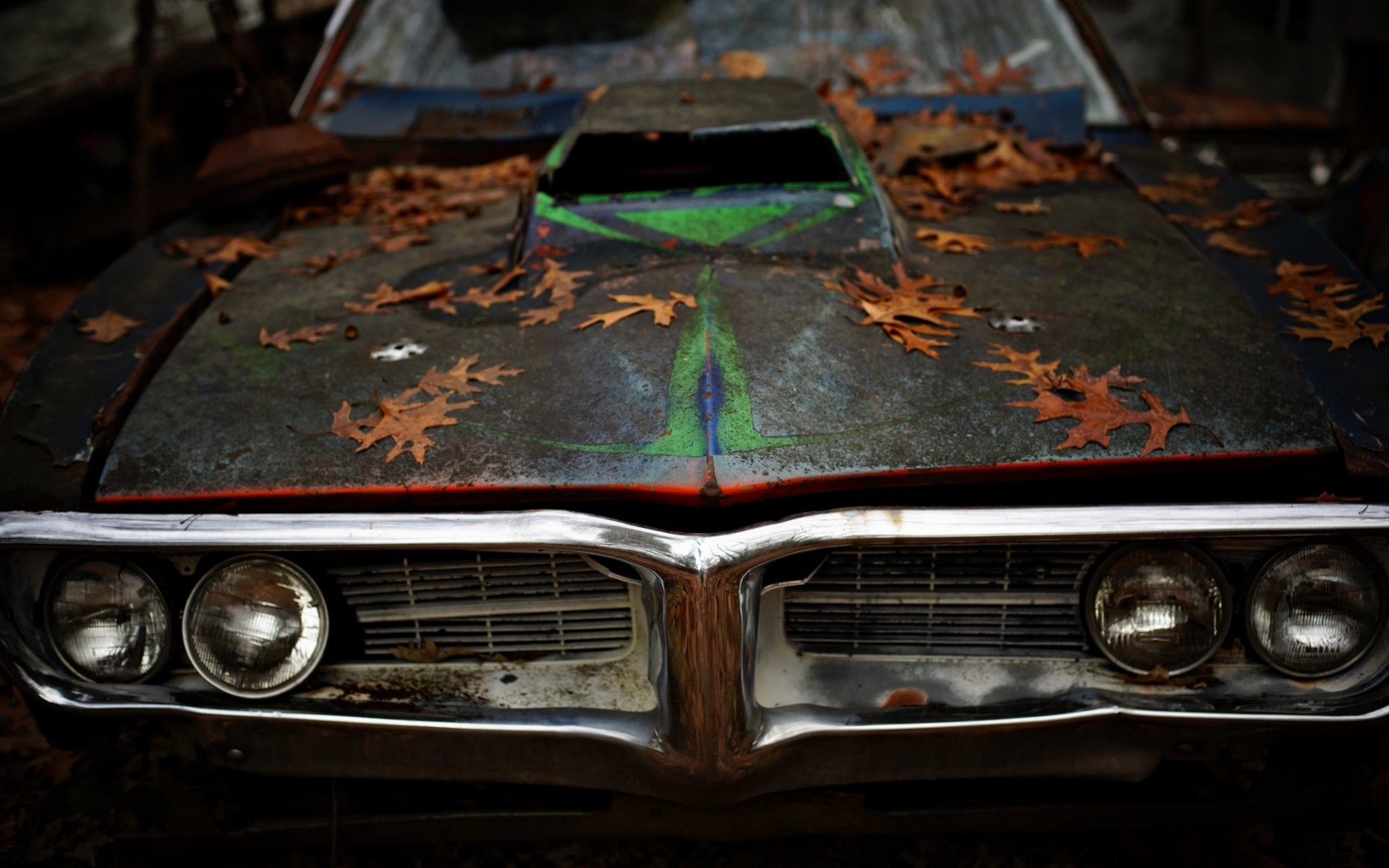 Abandoned Pontiac car covered in leaves HD Wallpaper