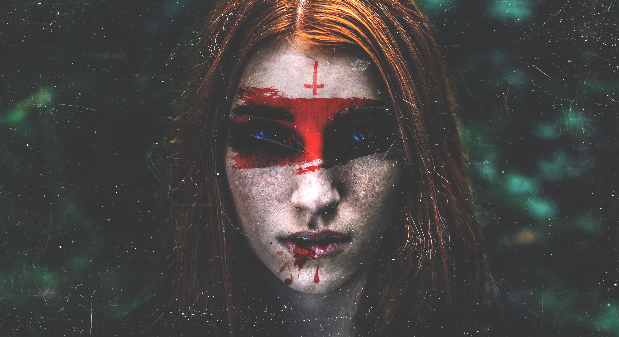 Woman with red face paint and upside down cross HD Wallpaper