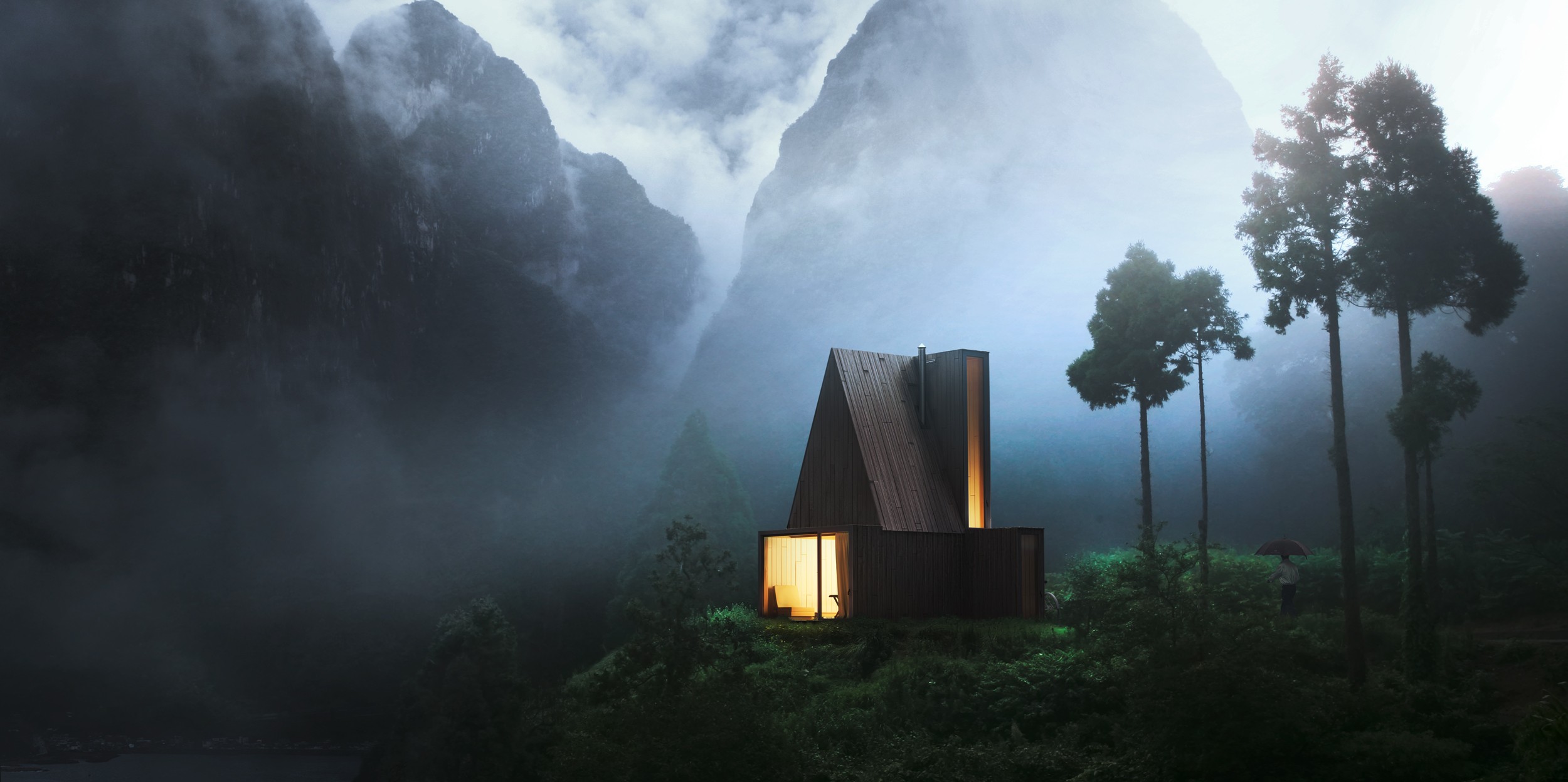 Cabin in misty mountains at night HD Wallpaper