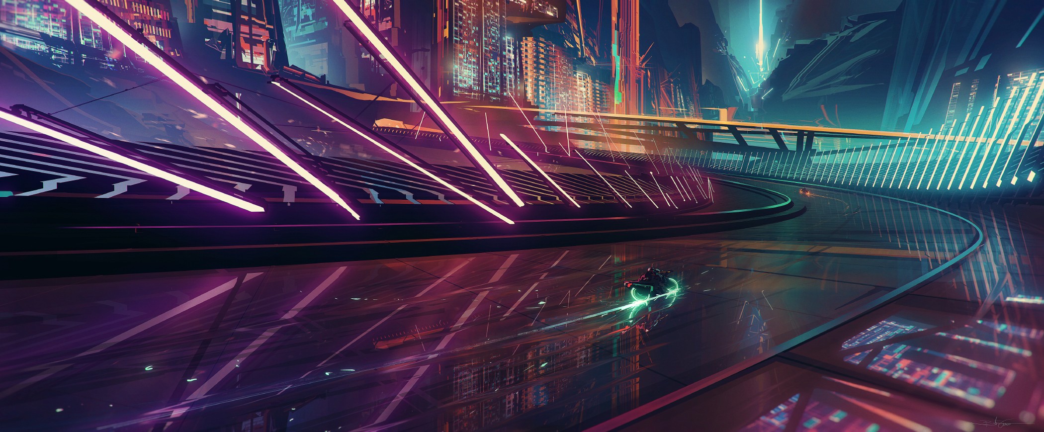Cyberpunk city street at night with a motorcycle HD Wallpaper