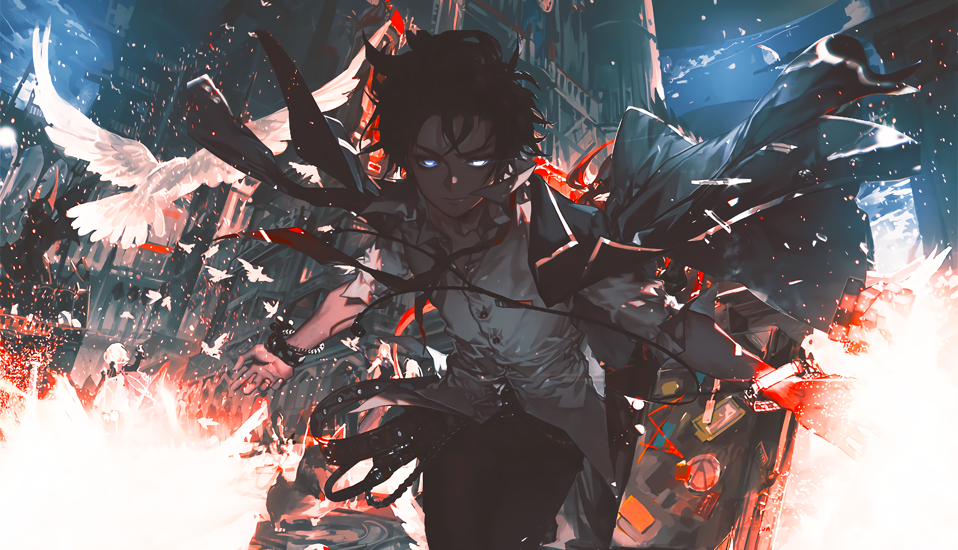 Anime character with glowing eyes and doves HD Wallpaper