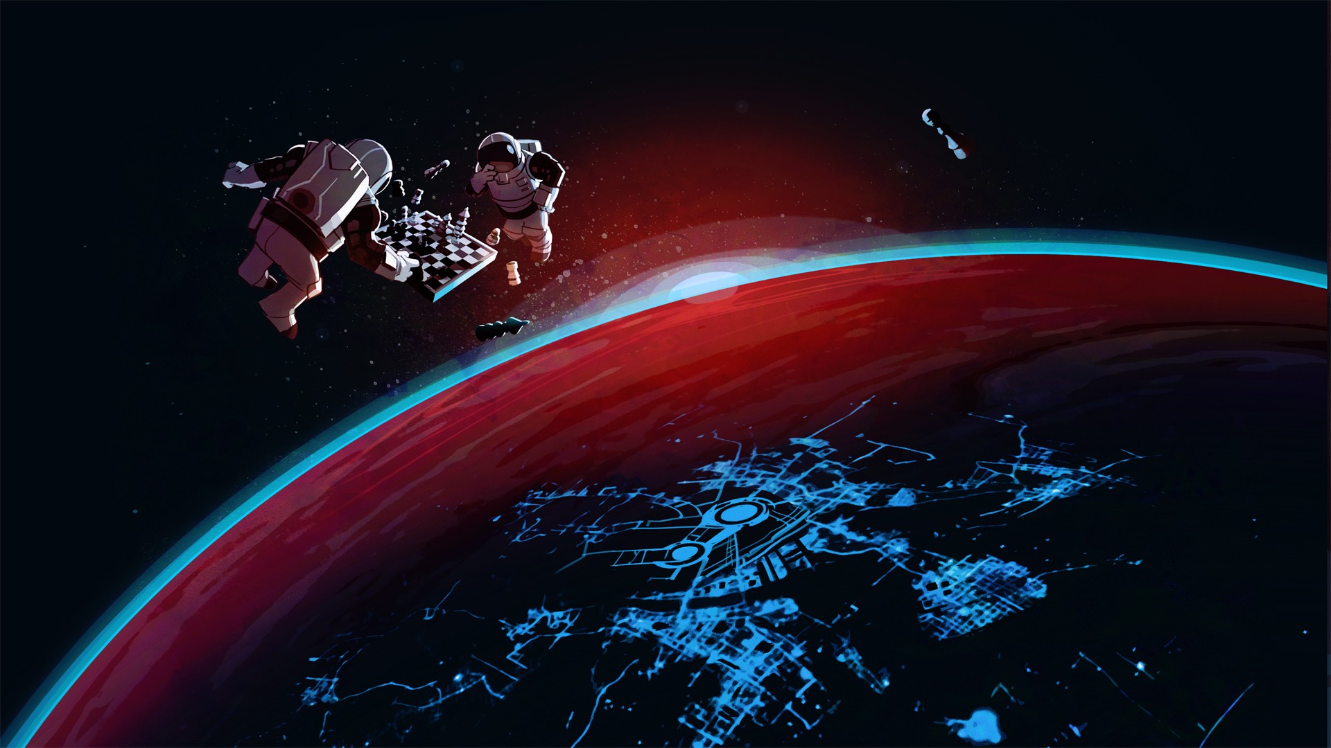 Astronauts playing chess in space above a red planet HD Wallpaper