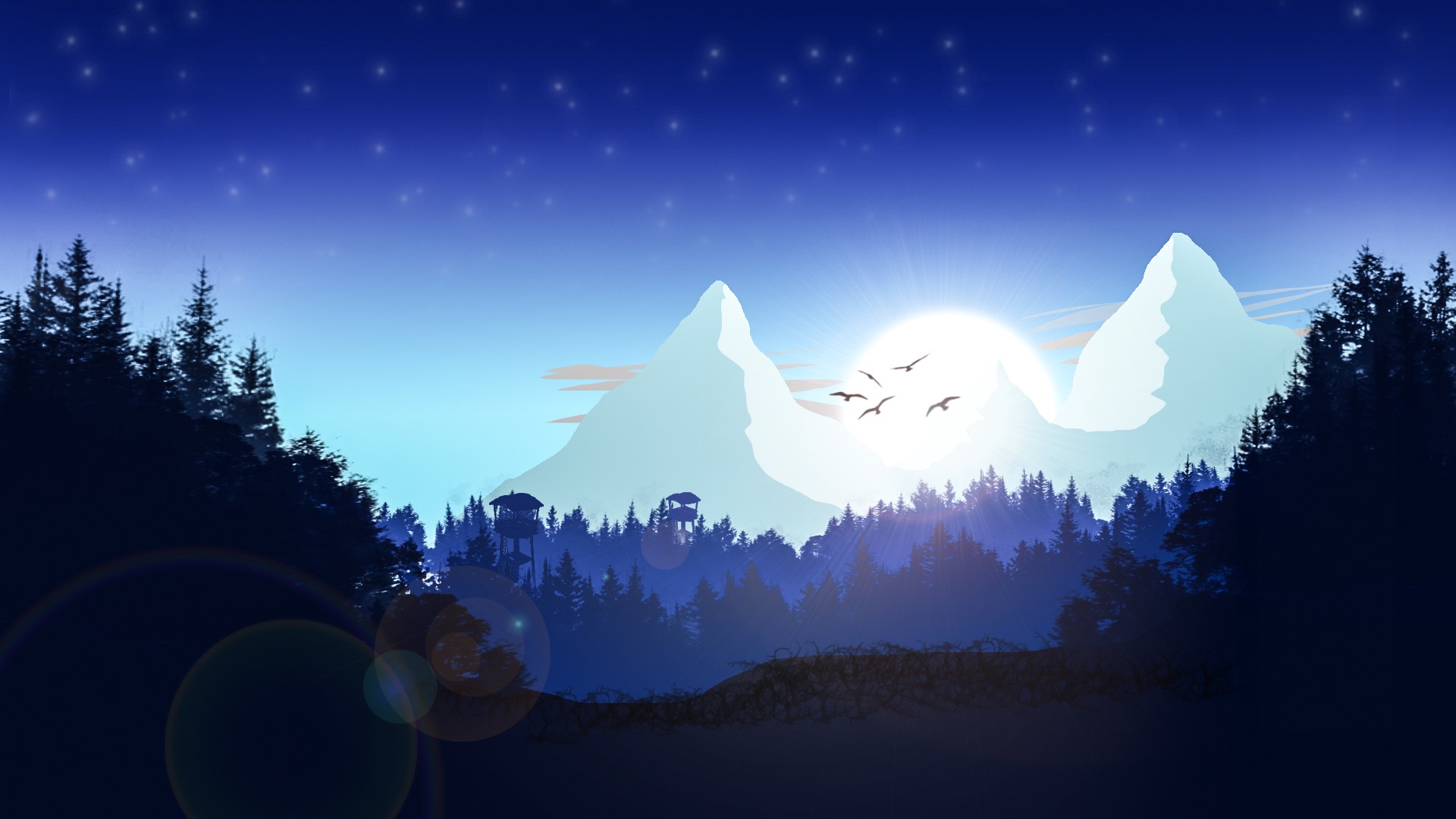 Blue landscape with mountains, forest, and sunrise HD Wallpaper