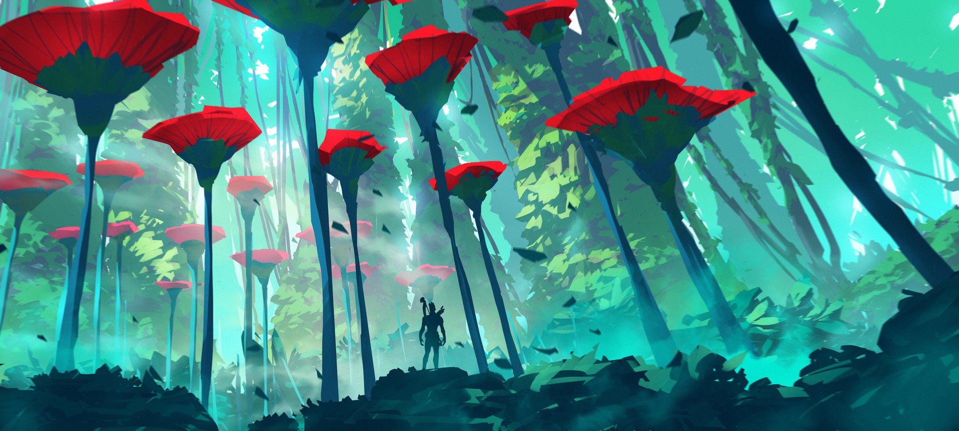 Fantasy forest with giant red flowers and a lone figure HD Wallpaper