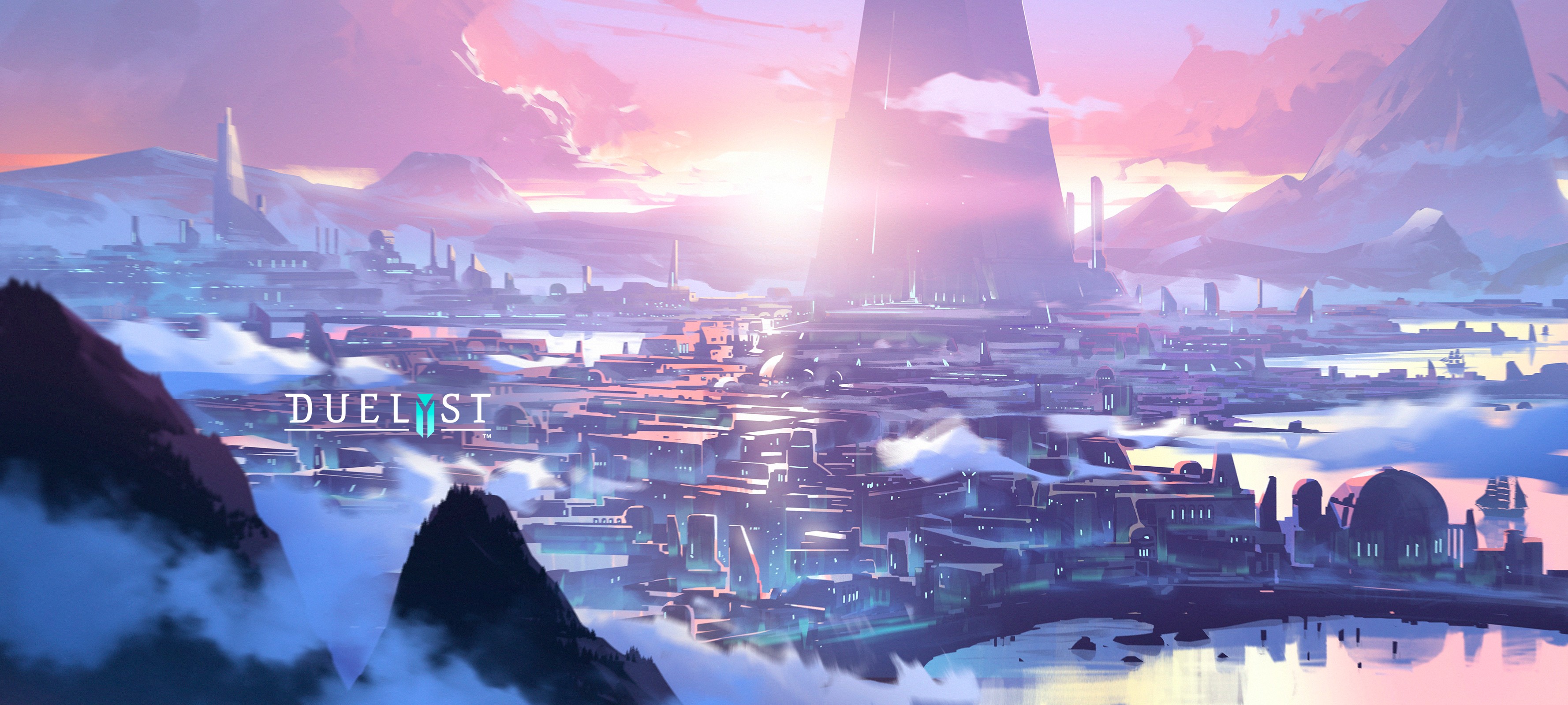 Duelyst artwork of a futuristic city at sunrise HD Wallpaper