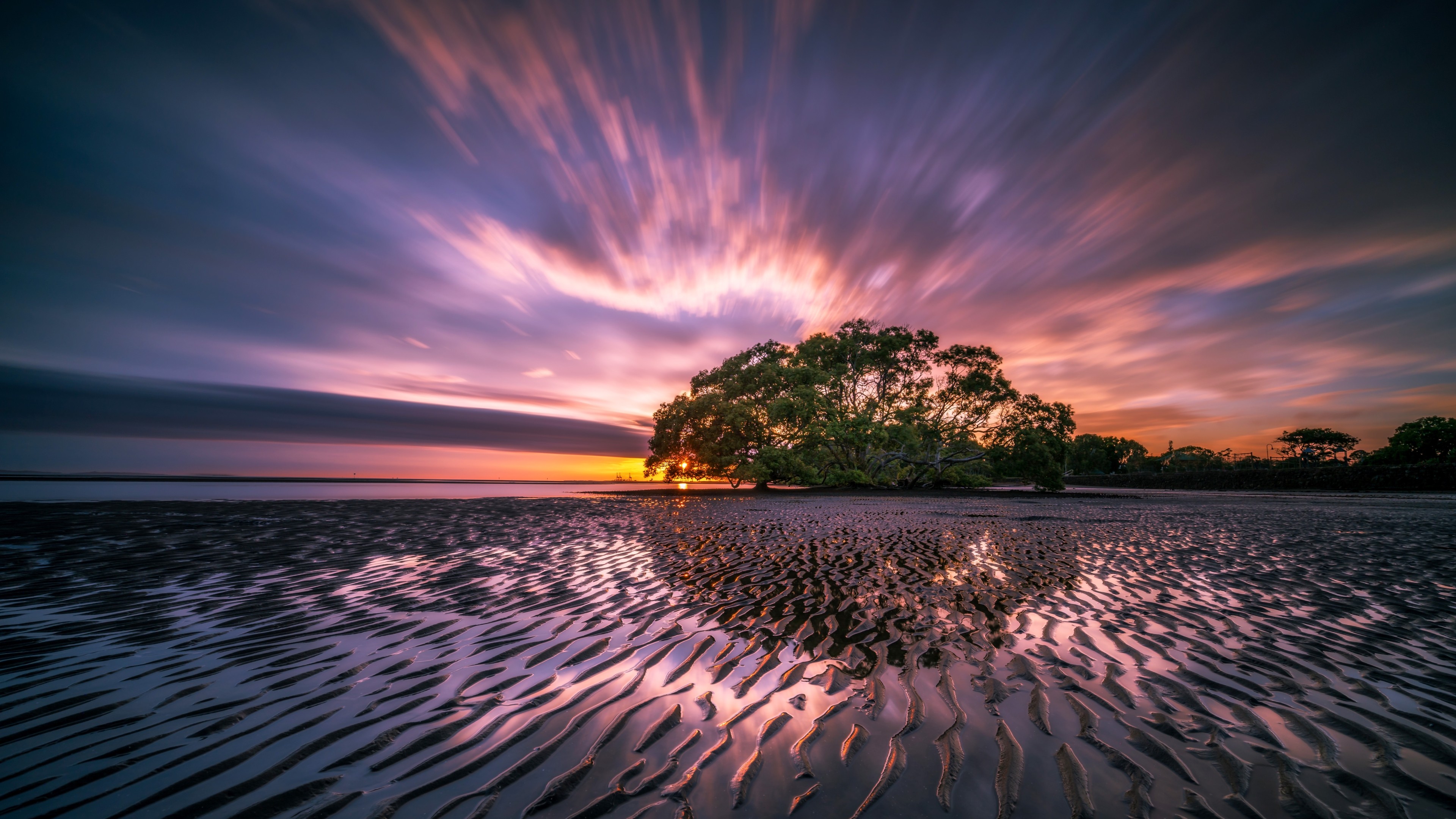 Long exposure sunset over a sandy beach with a tree HD Wallpaper