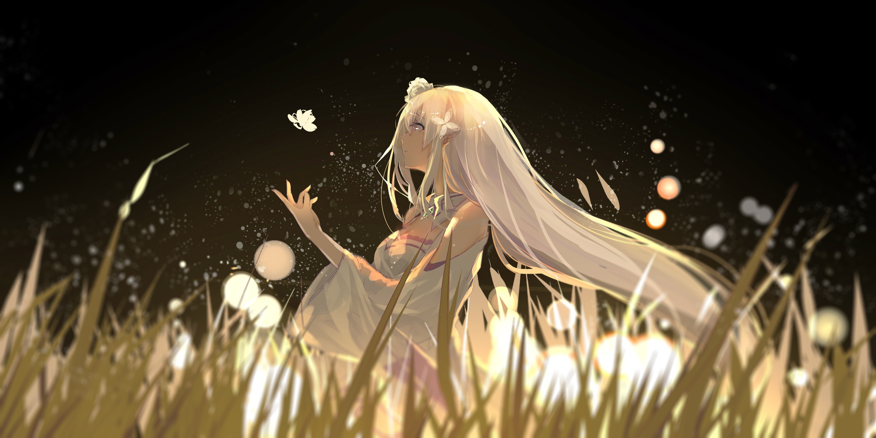 Emilia from Re:Zero in a field with a butterfly HD Wallpaper