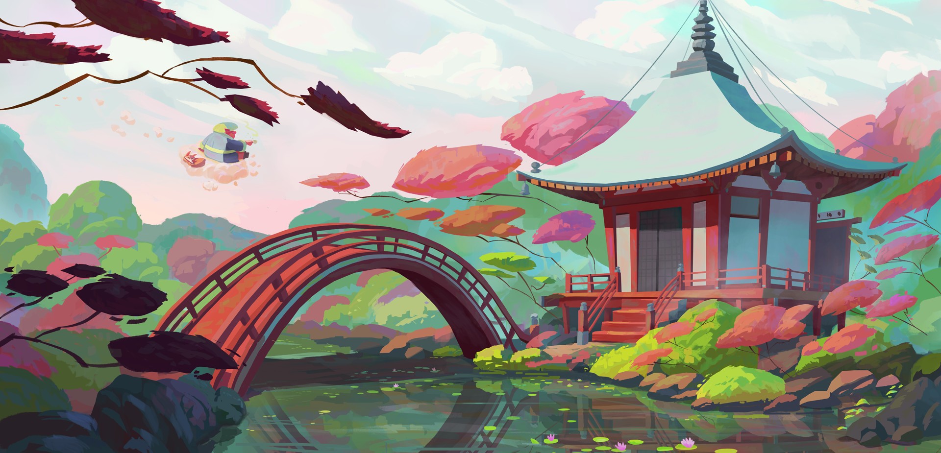 Fantasy art illustration of a Japanese garden with a temple and bridge HD Wallpaper