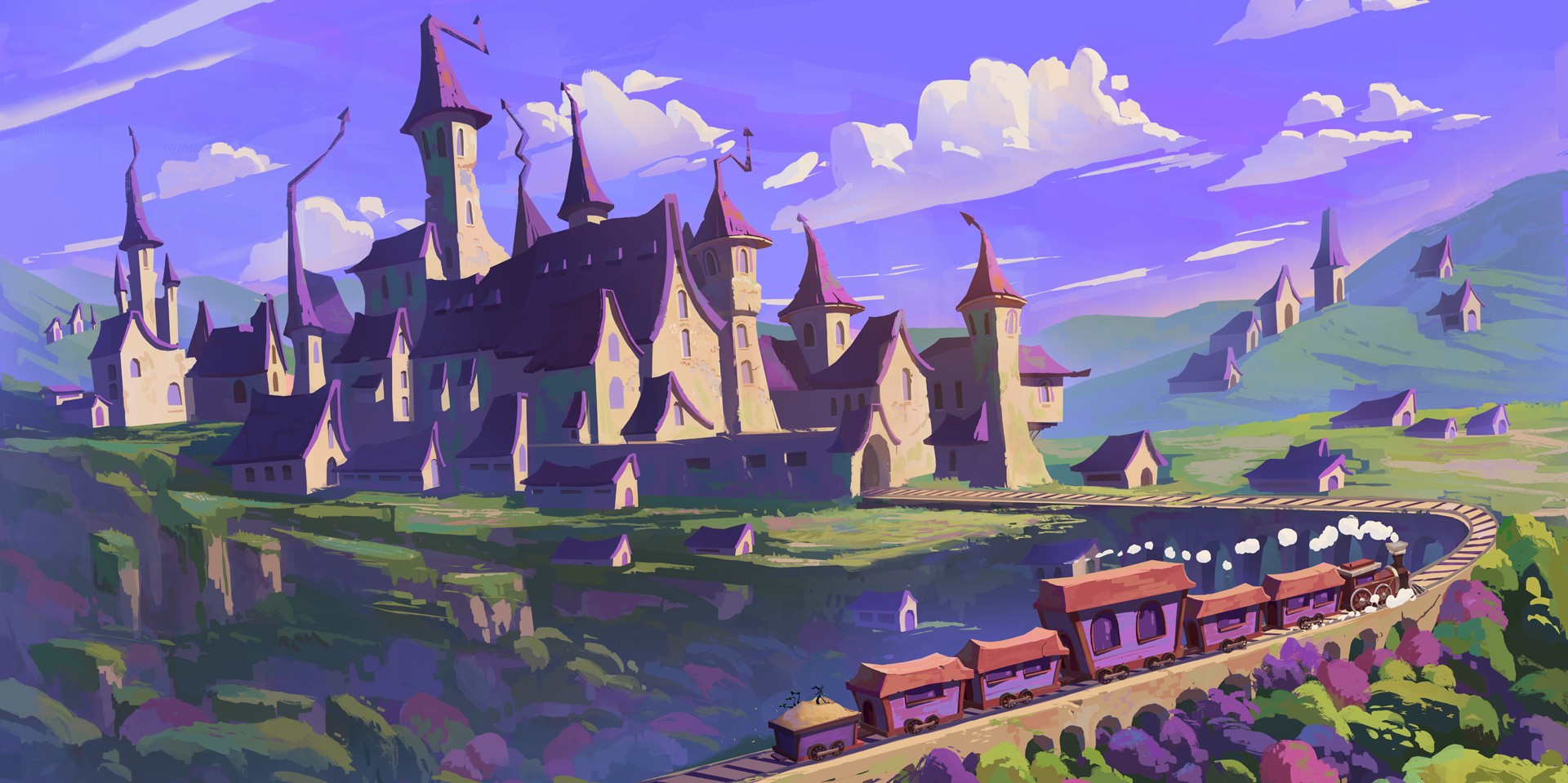 Fantasy castle with a train in a purple landscape HD Wallpaper