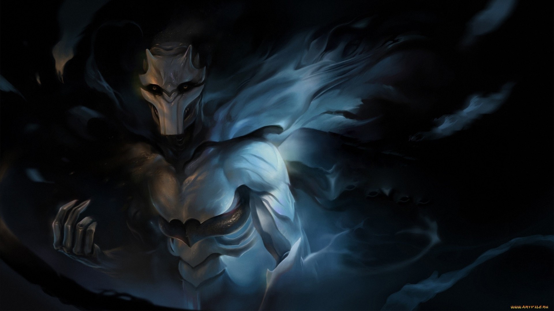 Dark fantasy creature with a mask and flowing cloak HD Wallpaper