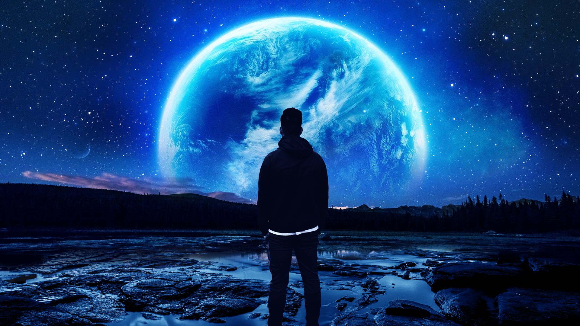 Man looking at a giant planet in space HD Wallpaper