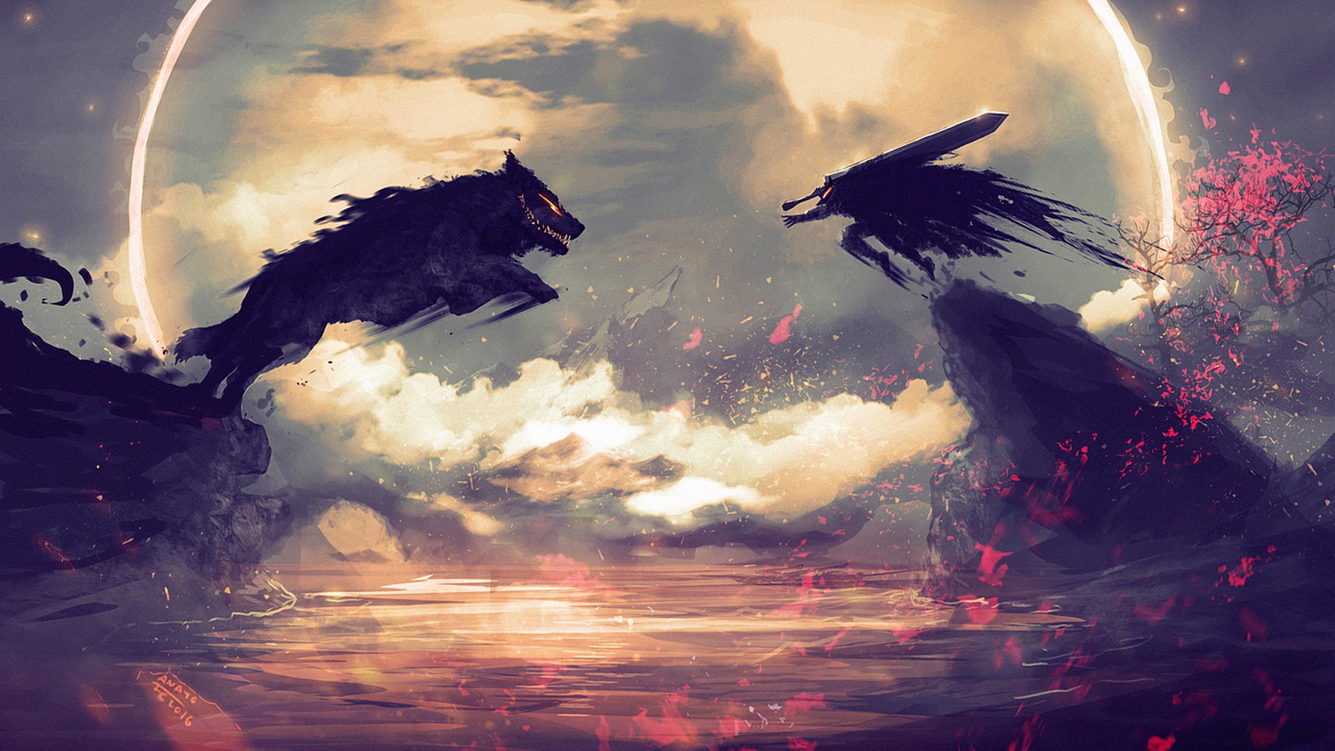 Guts fighting a demon wolf under a large moon HD Wallpaper