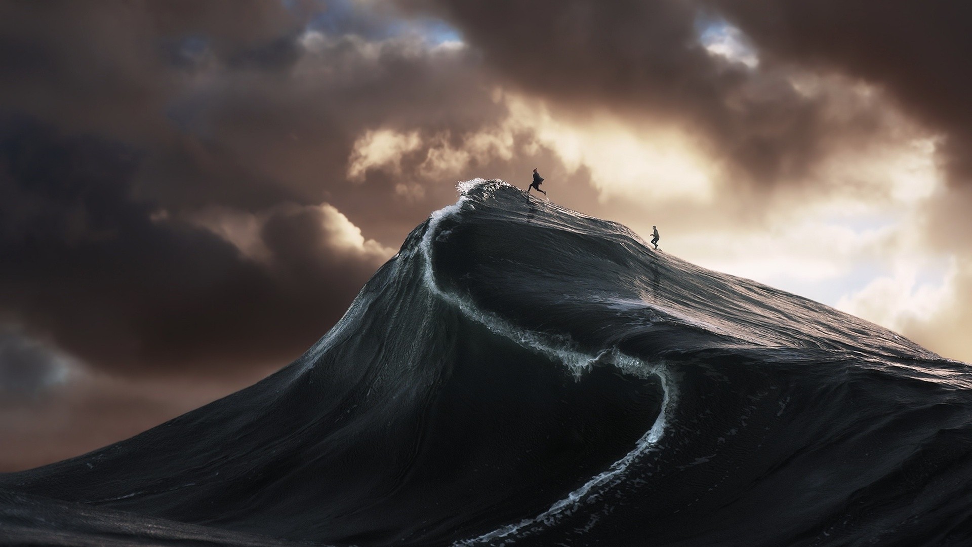 Two surfers on a giant wave HD Wallpaper