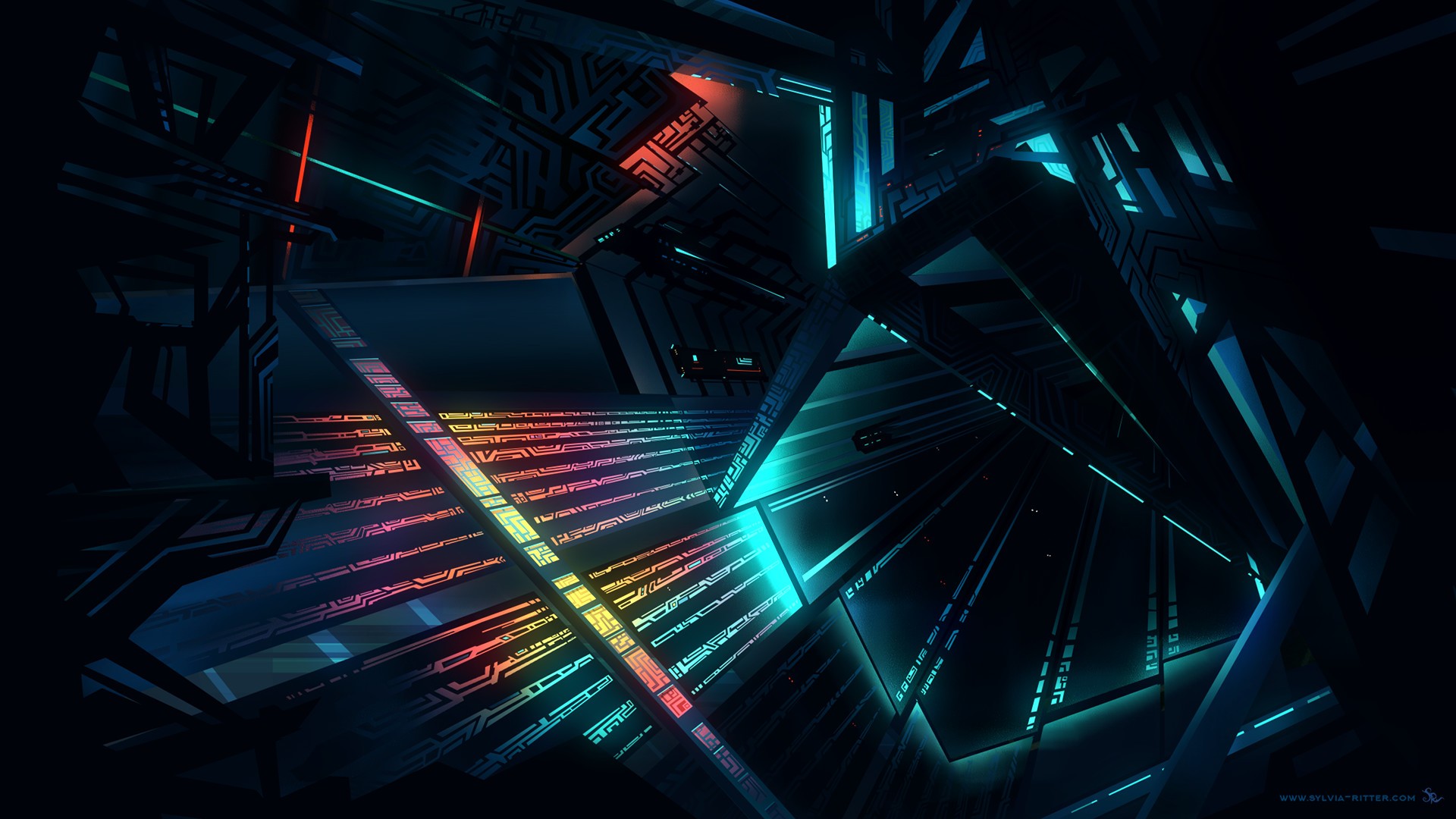 Futuristic glowing architecture with circuit board patterns HD Wallpaper