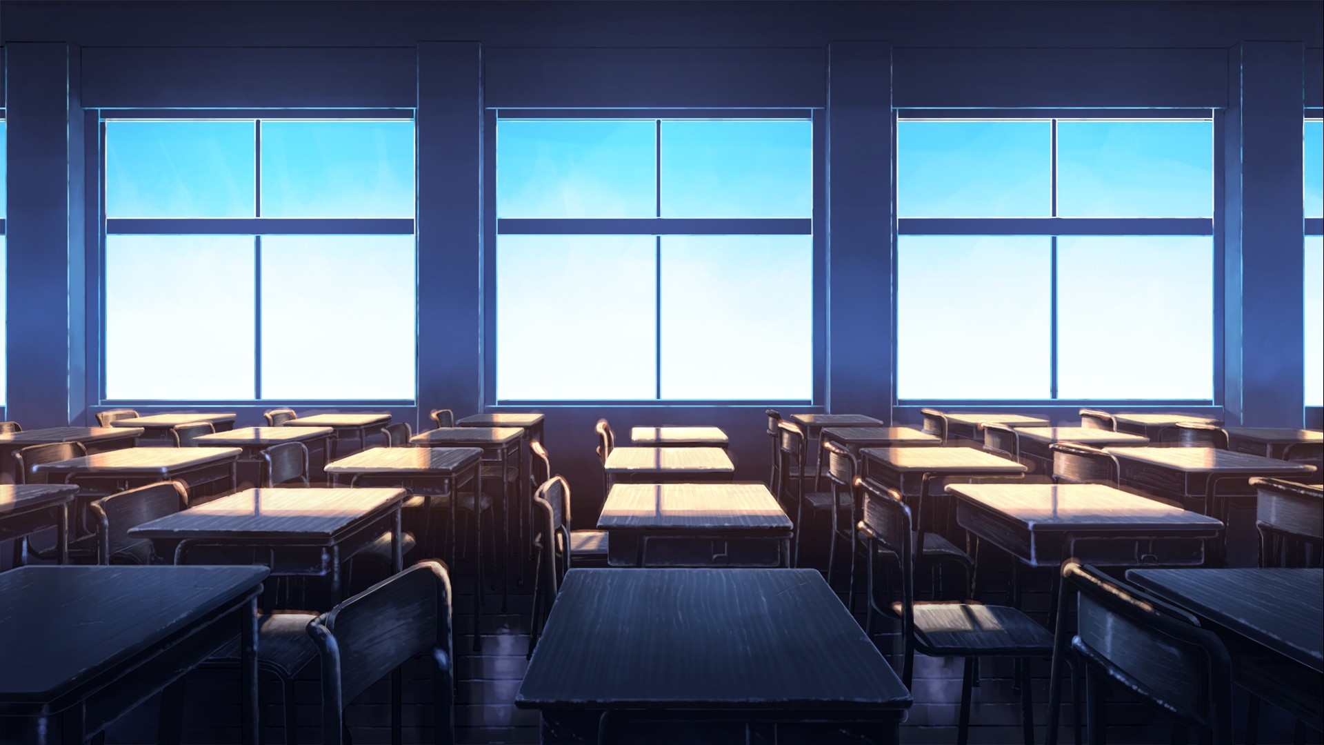 Classroom with desks and windows HD Wallpaper