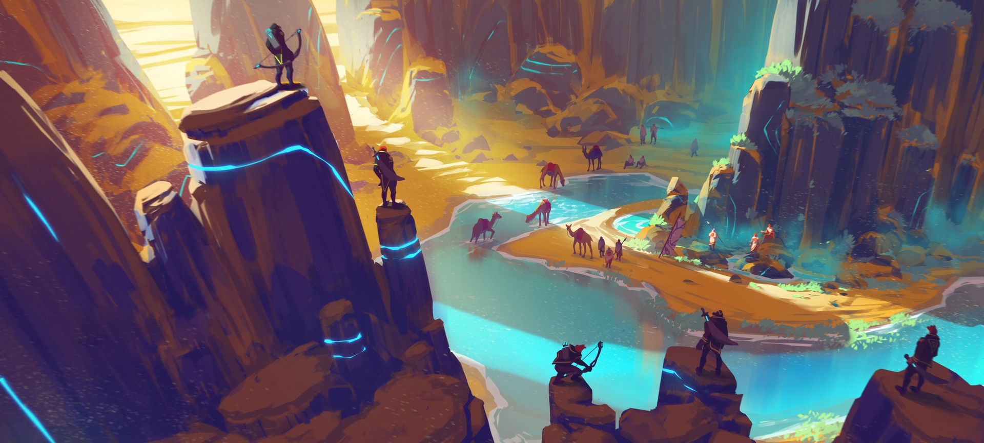 Fantasy canyon landscape with people and camels HD Wallpaper