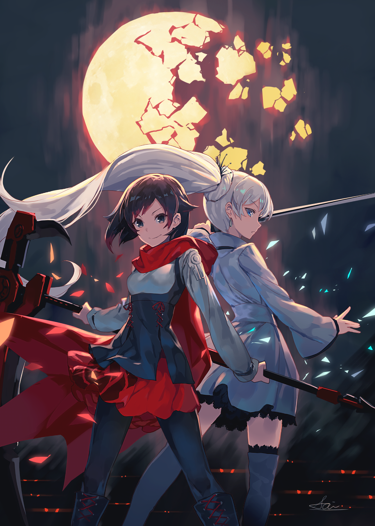 Ruby Rose and Weiss Schnee from RWBY with a broken moon HD Wallpaper