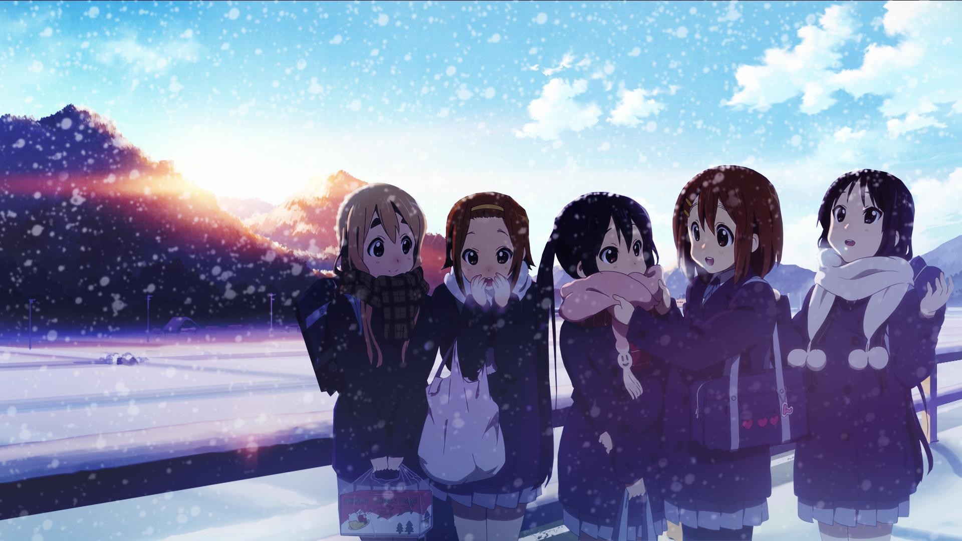 K-ON! girls in a snowy landscape at sunset HD Wallpaper