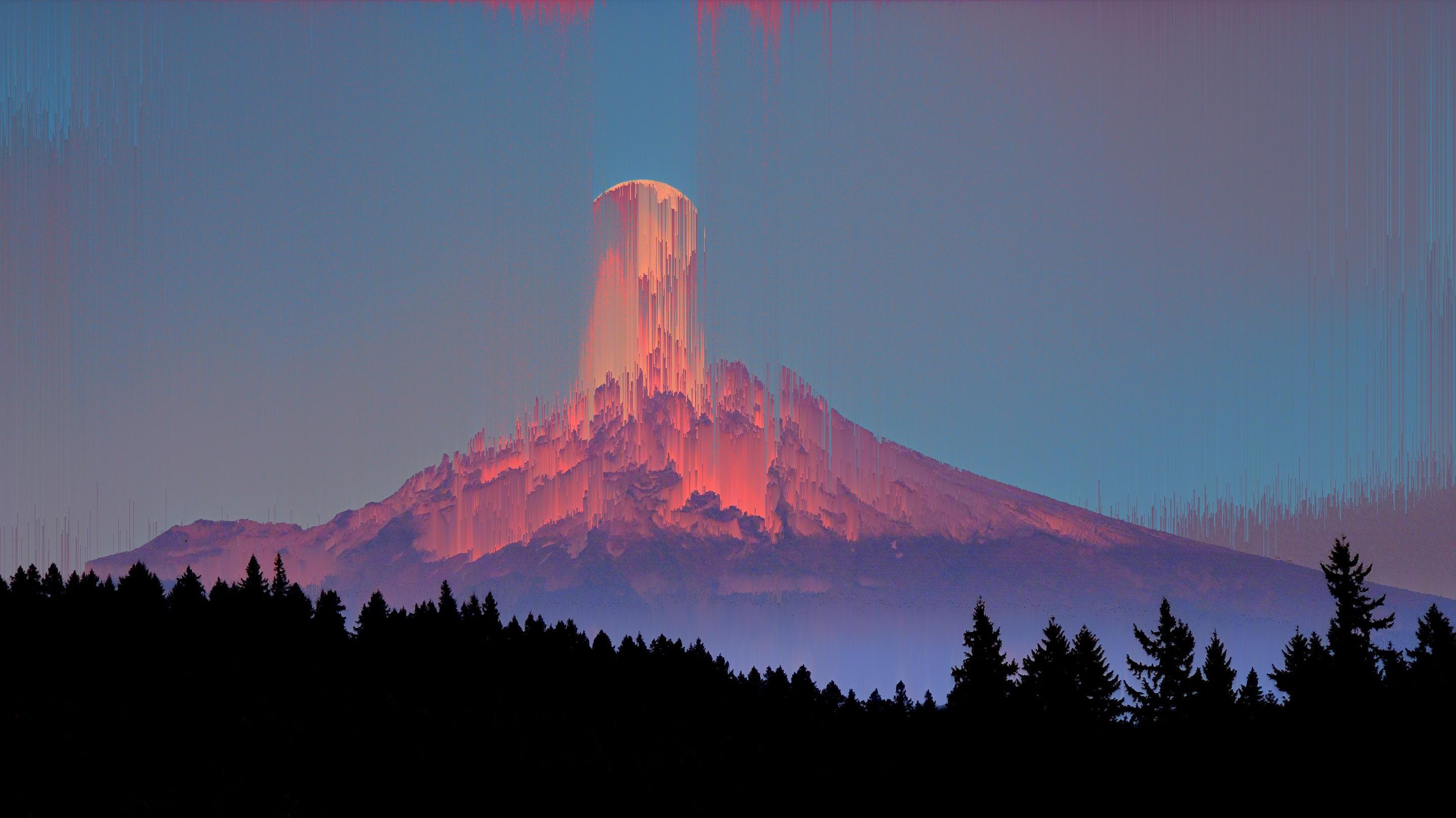 Glitch art mountain range with pine trees HD Wallpaper