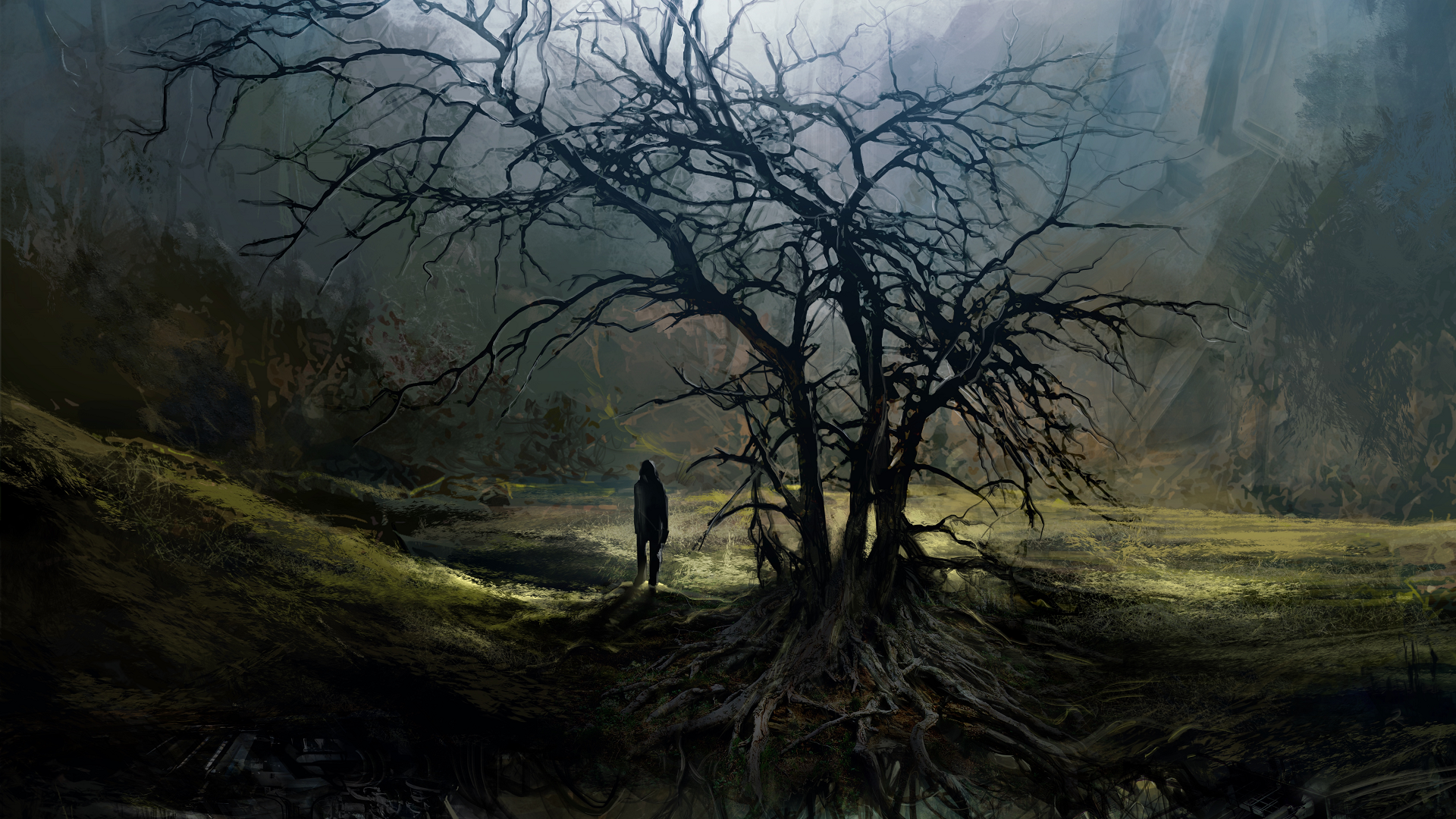 A lone figure stands before a gnarled, dead tree HD Wallpaper
