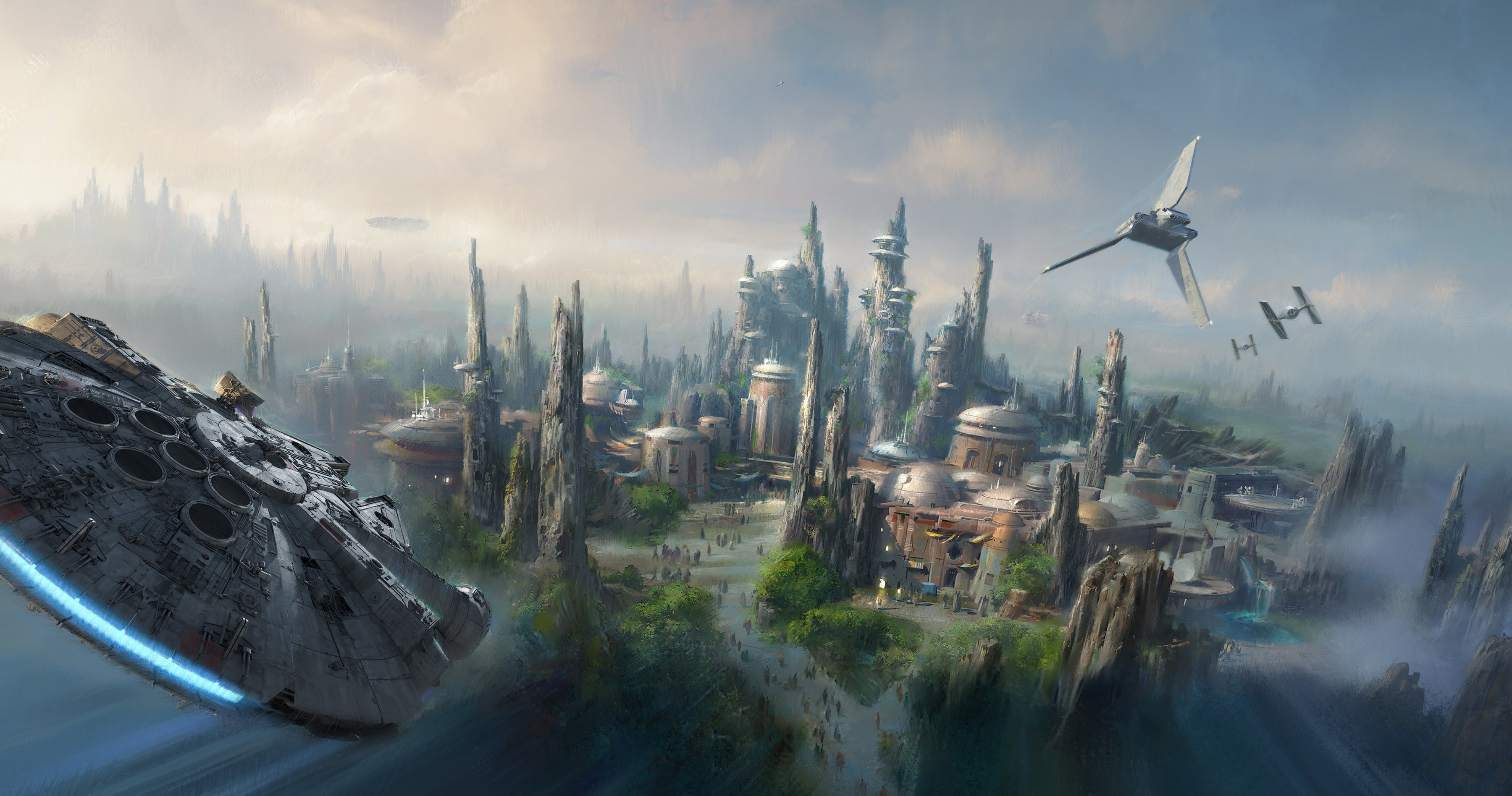 Millennium Falcon and TIE Fighters over Batuu HD Wallpaper