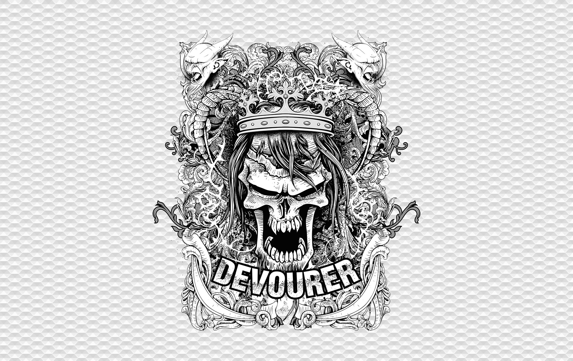Skull with crown and horns, "DEVOURER" text HD Wallpaper