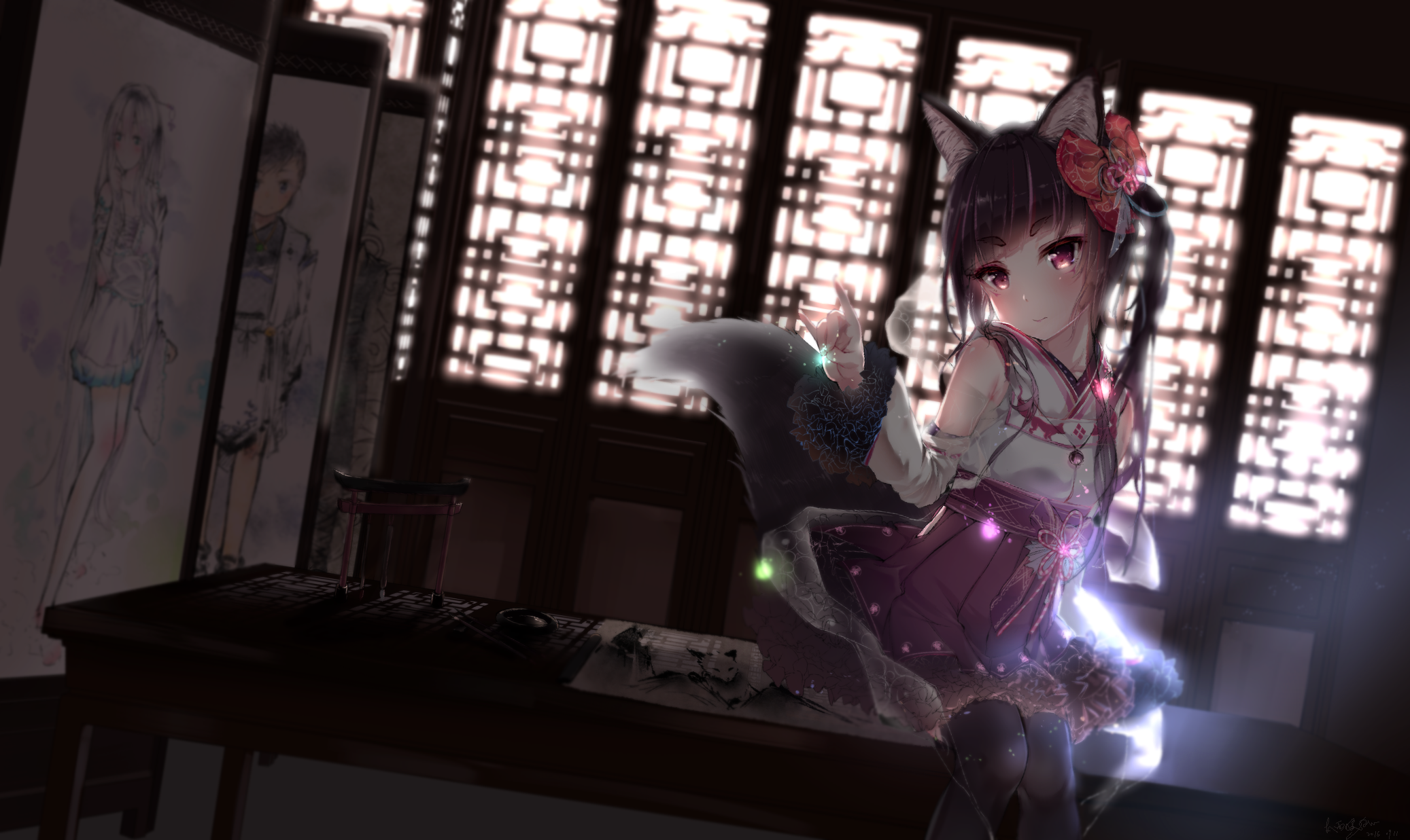 Anime girl with animal ears and tail in traditional Japanese room HD Wallpaper