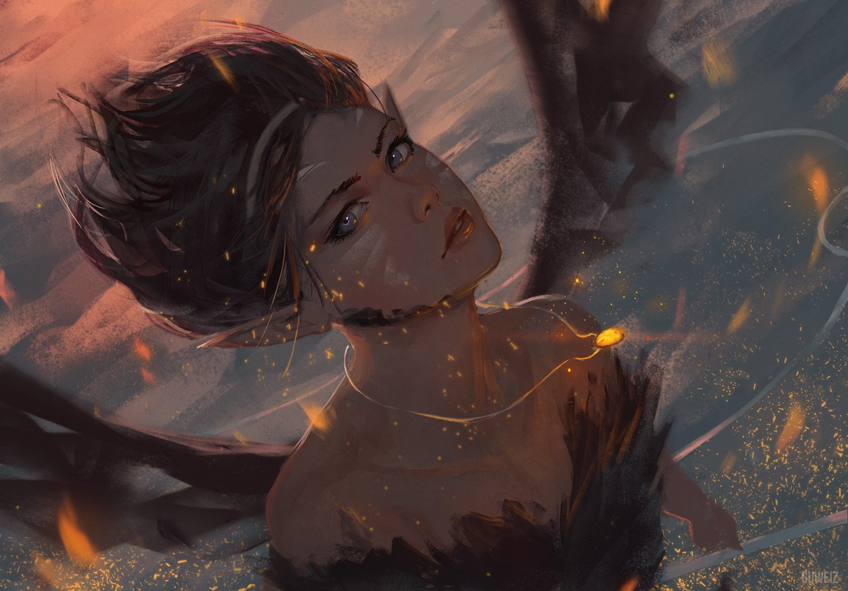 Artwork of a woman with glowing particles HD Wallpaper