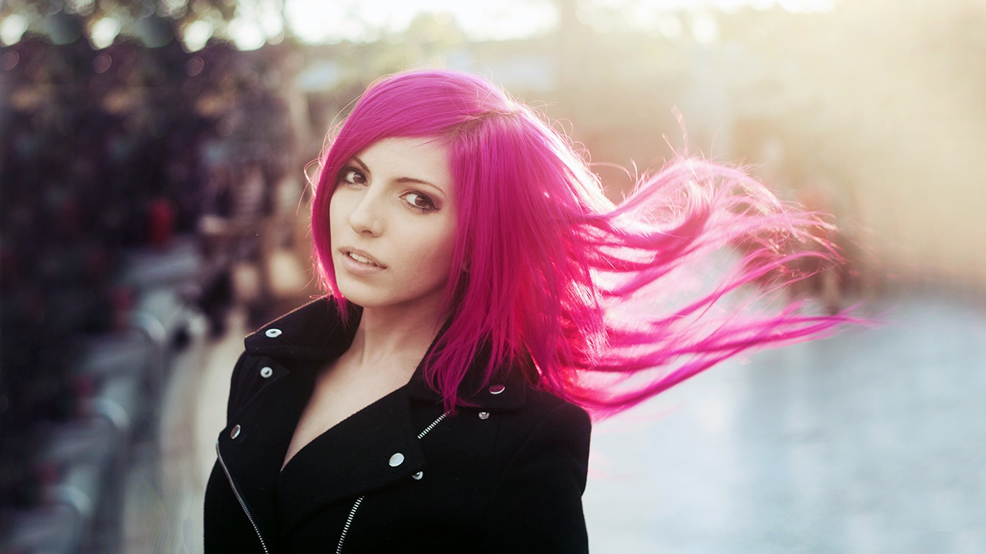 Woman with pink hair wearing a black jacket HD Wallpaper
