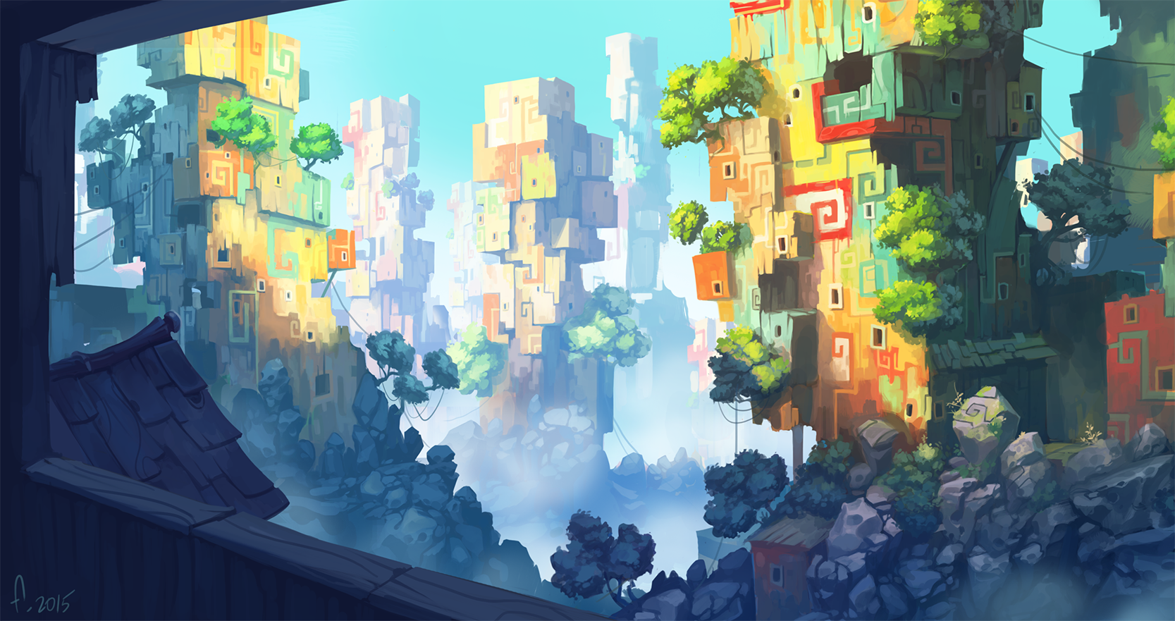 Fantasy city with colorful buildings and trees HD Wallpaper