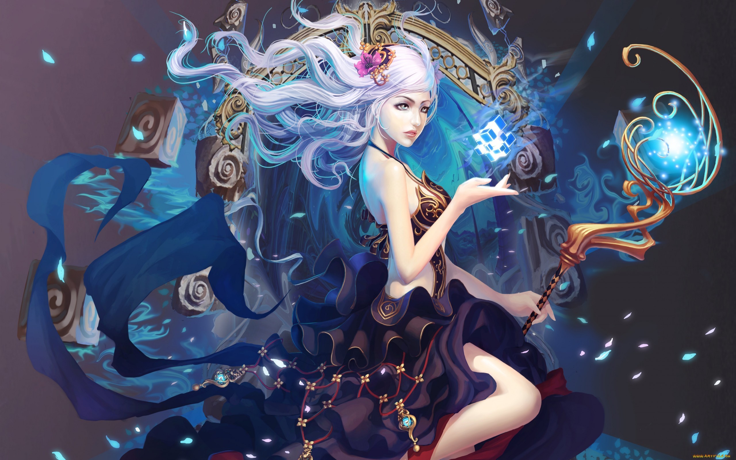 Fantasy girl with magic staff and cube HD Wallpaper