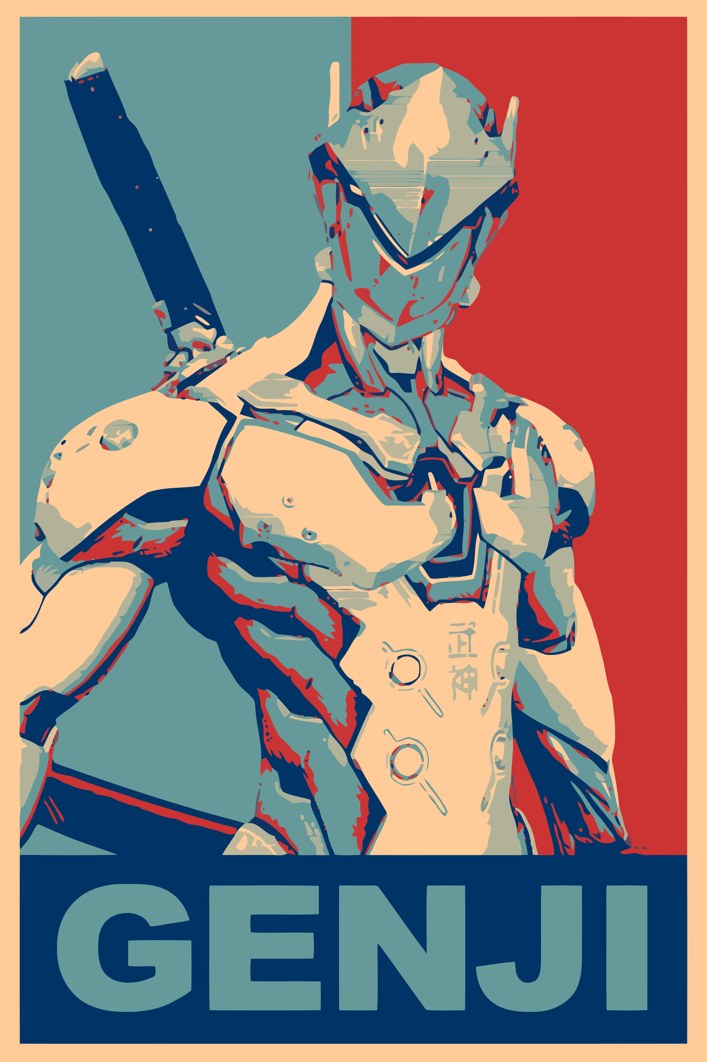 Genji from Overwatch Propaganda Poster HD Wallpaper
