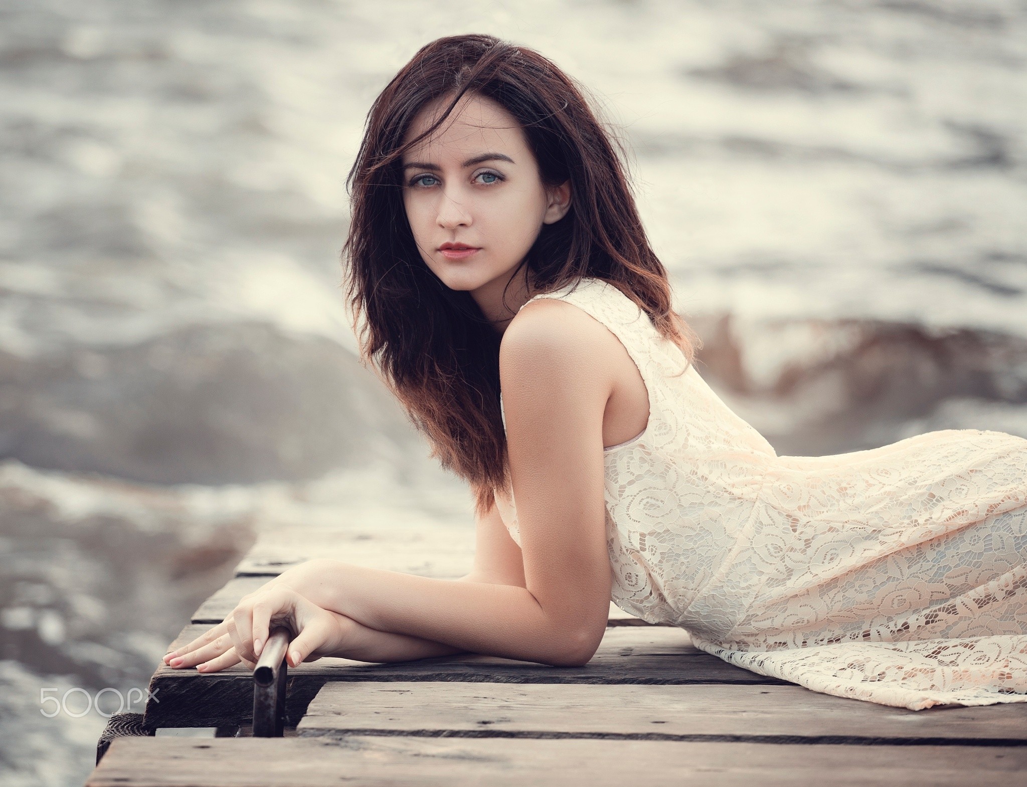 Woman in a lace dress on a wooden pier HD Wallpaper
