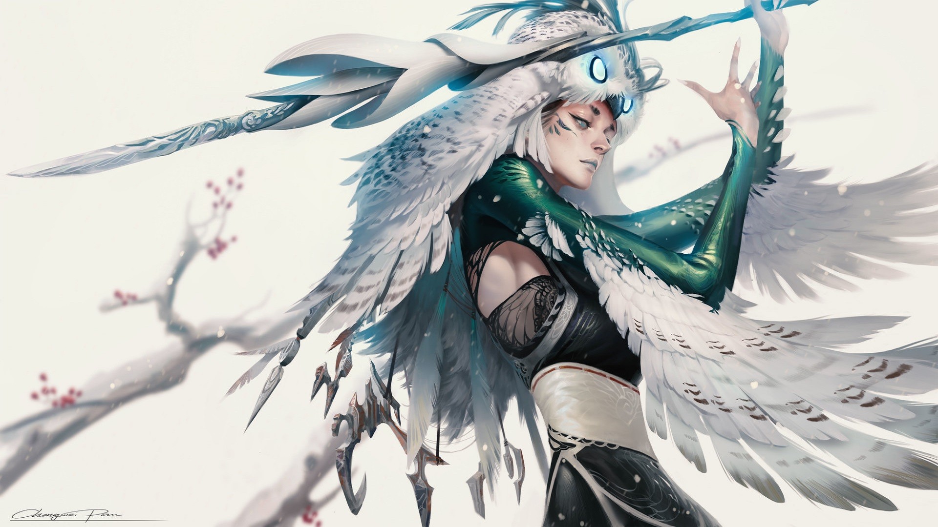 Woman with owl headdress and wings holding a sword HD Wallpaper