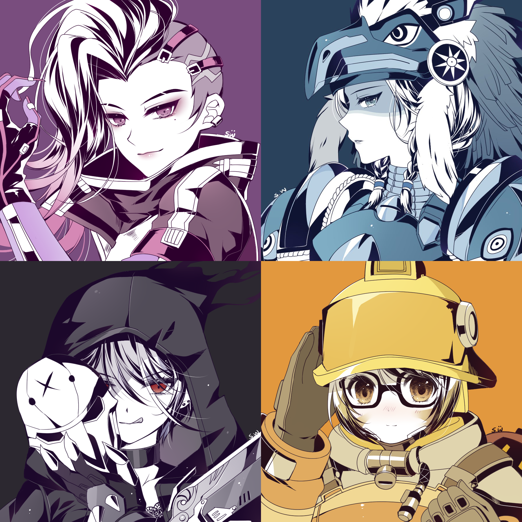 Overwatch characters collage: Sombra, Pharah, Reaper, and Mei HD Wallpaper