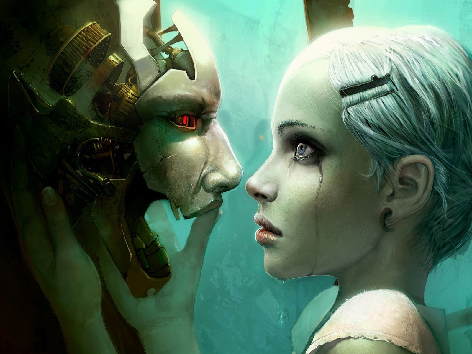 Girl with tears and a mechanical being HD Wallpaper