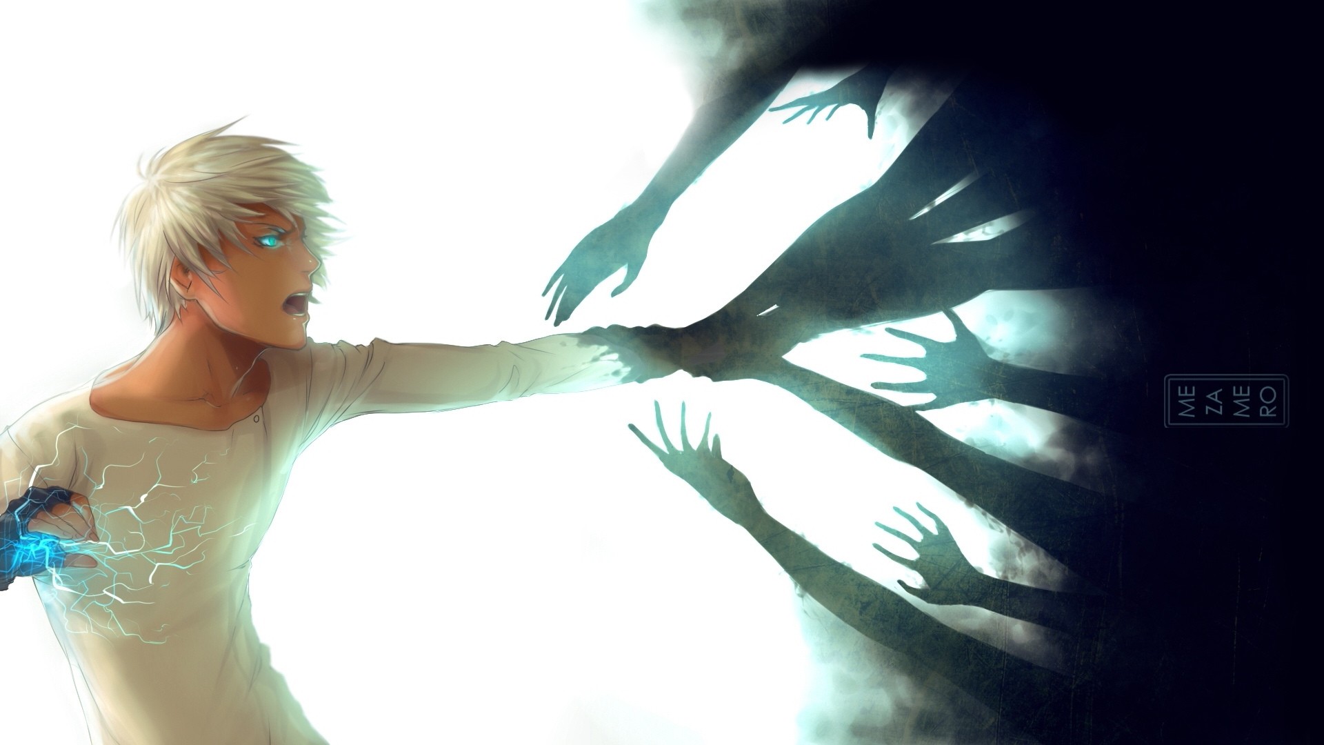 Anime character with glowing eyes and hands reaching from darkness HD Wallpaper